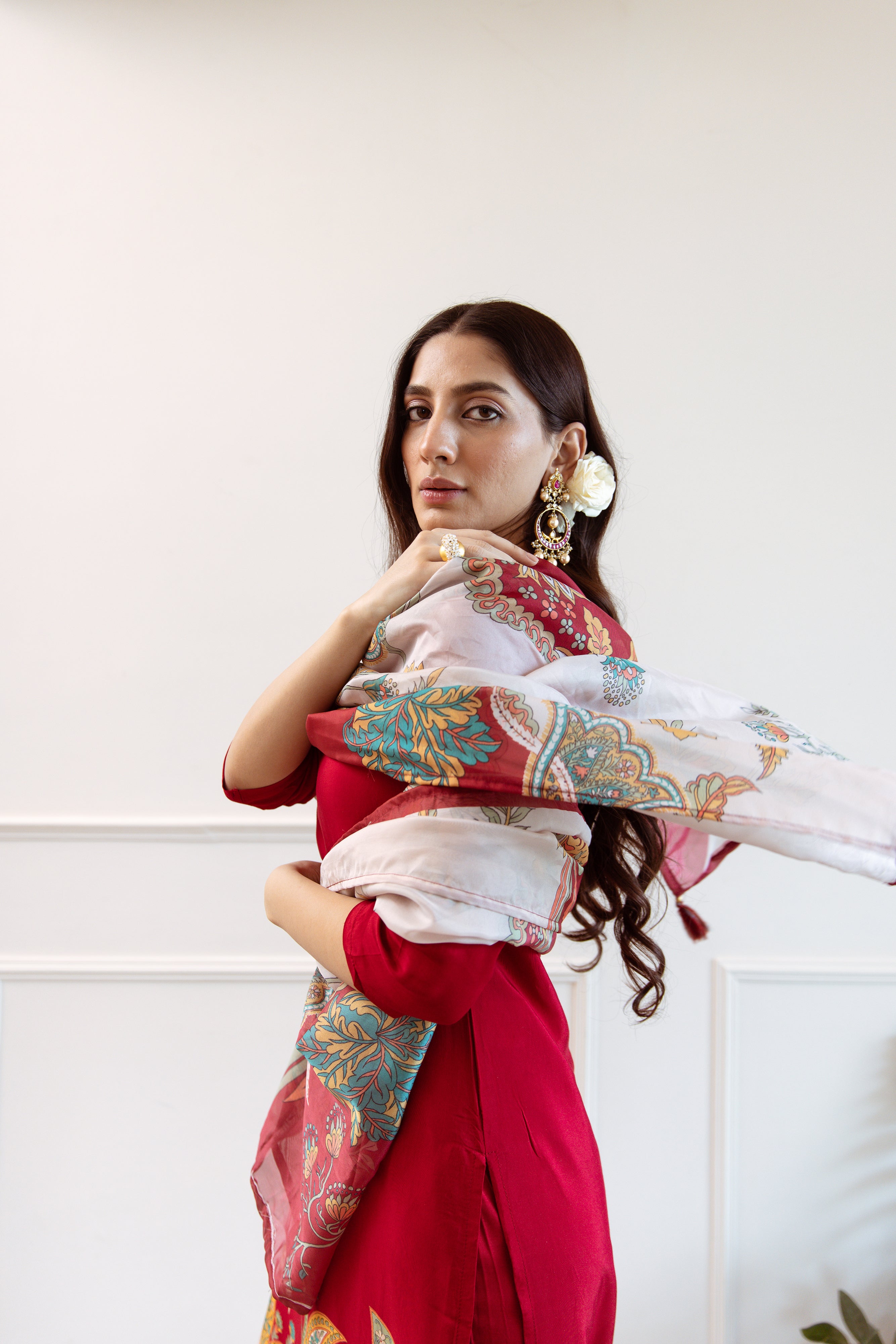 Blood Red Viscose Muslin Kurta Pant and Dupatta Set