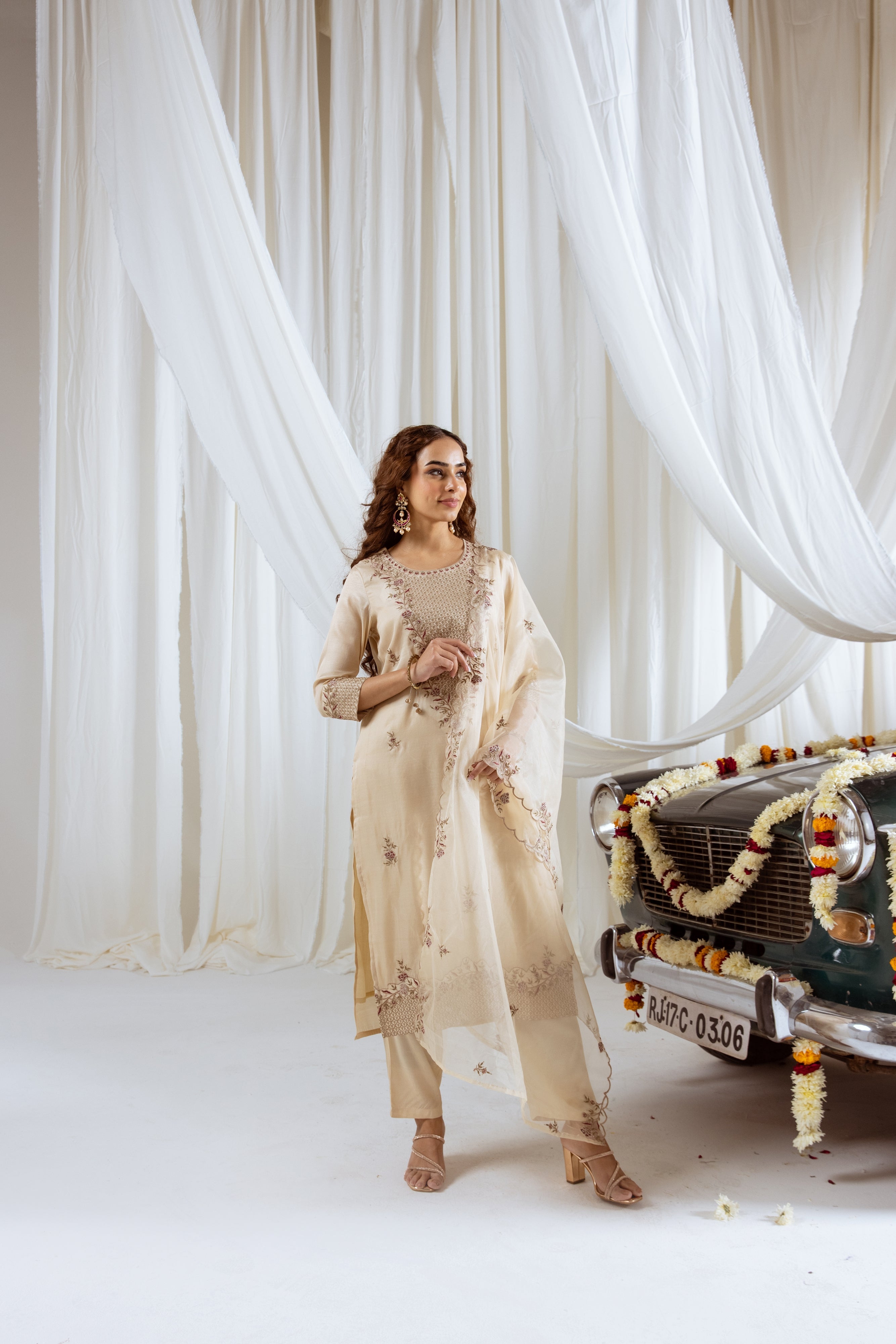 Beige Muslin Silk Kurta Pant and Dupatta Set