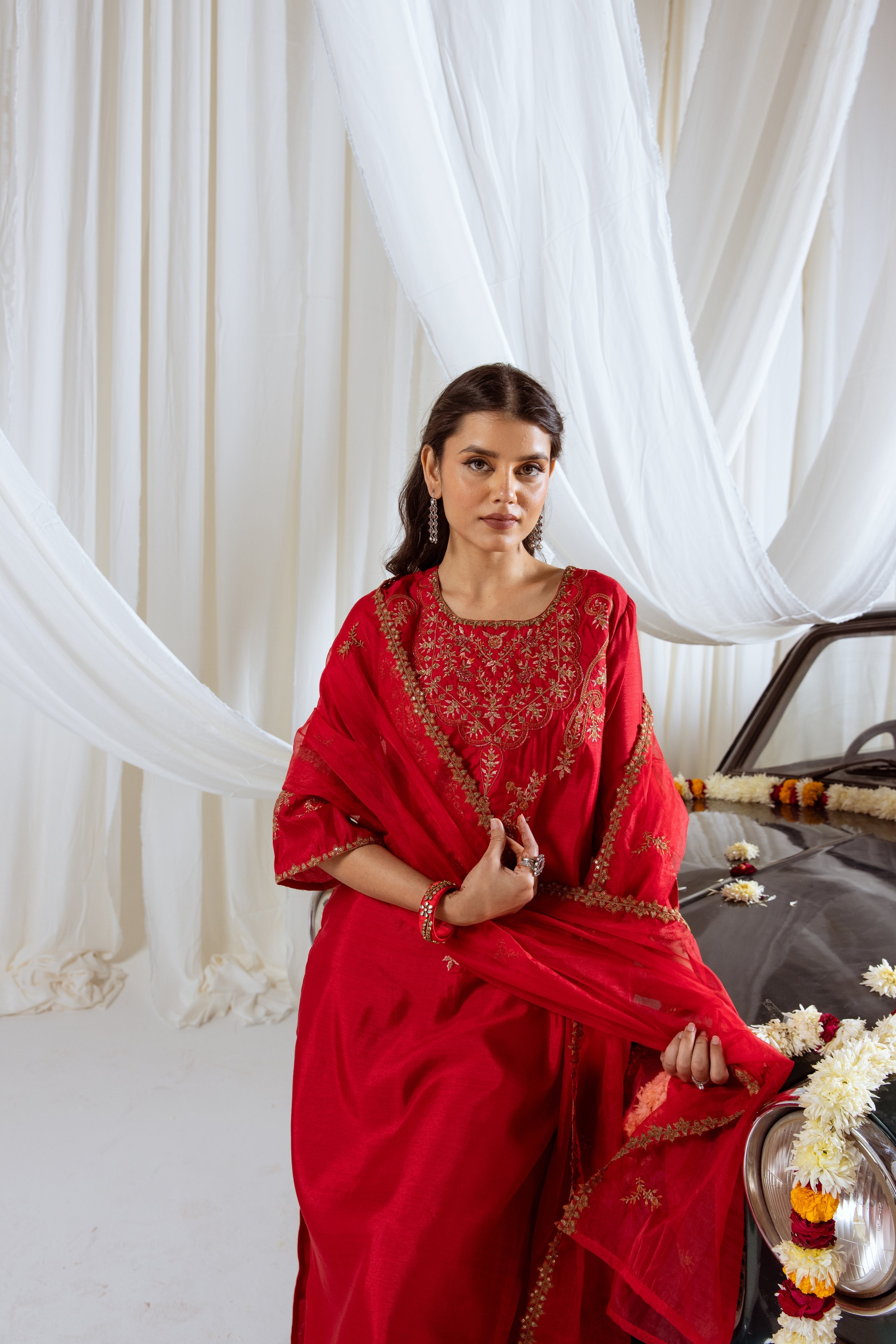 Maroon Muslin Silk Kurta Pant and Dupatta Set