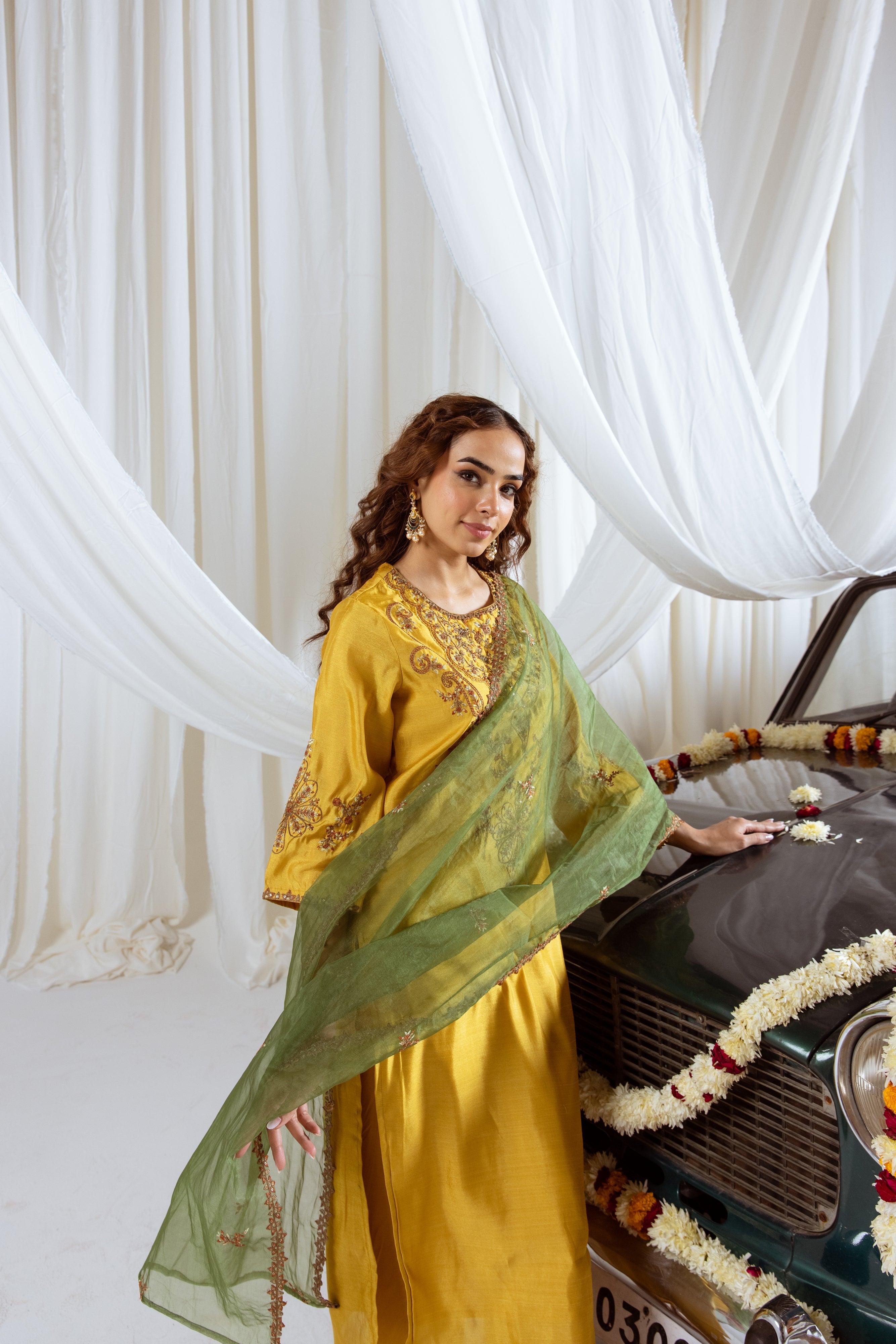 Mustard Muslin Silk Kurta Pant and Dupatta Set