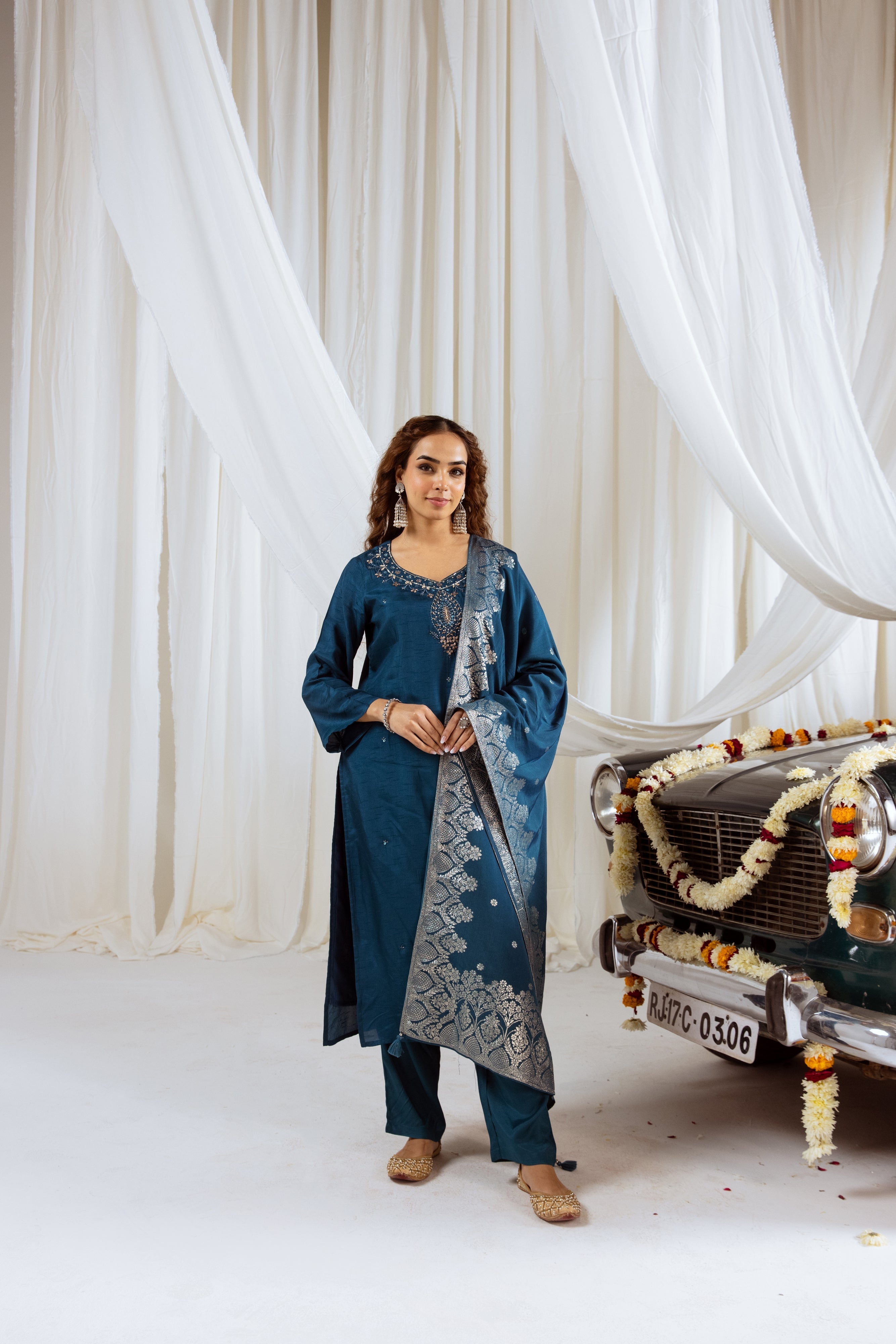 Navy Teal Dolla Silk Kurta Pant and Dupatta Set