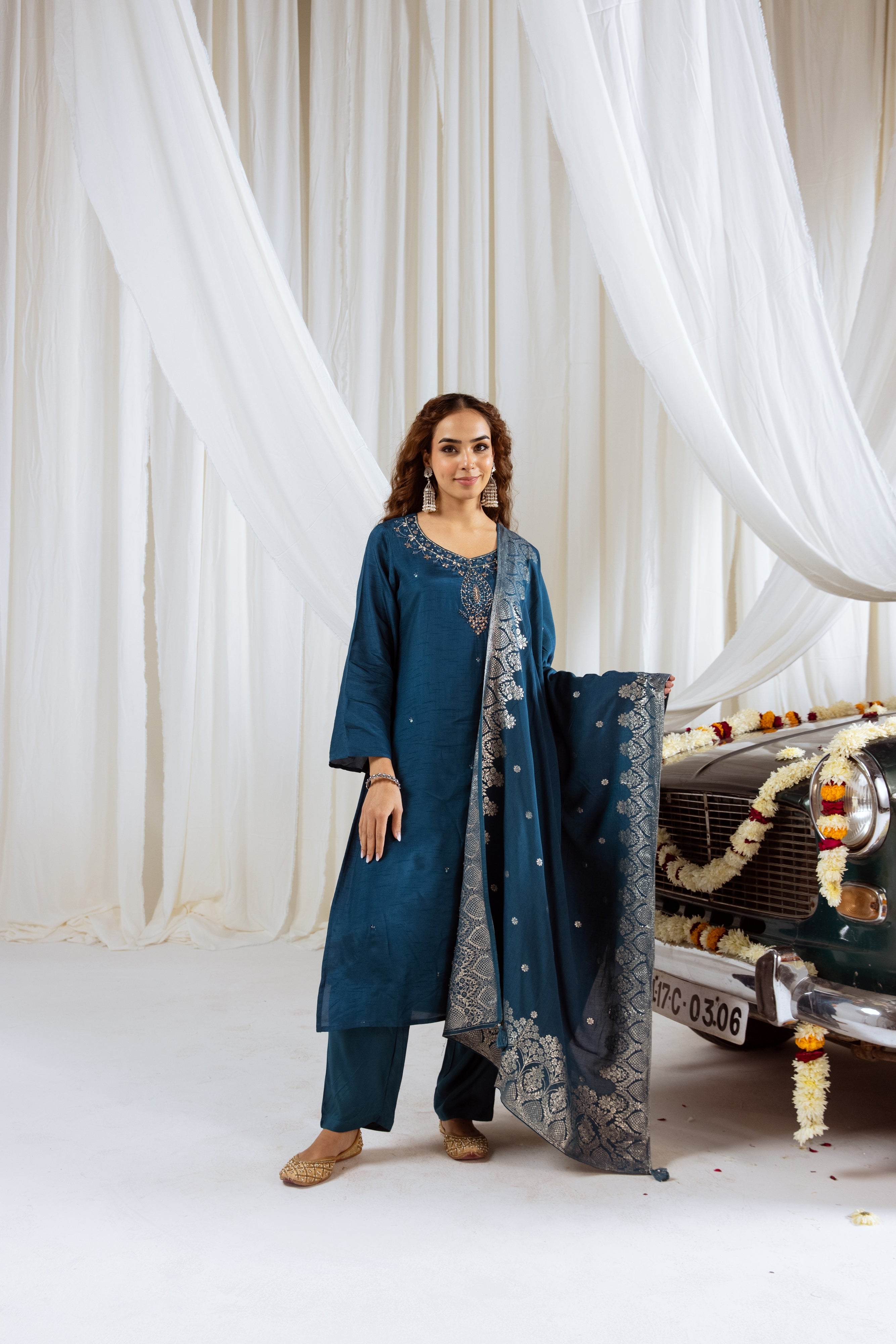 Navy Teal Dolla Silk Kurta Pant and Dupatta Set