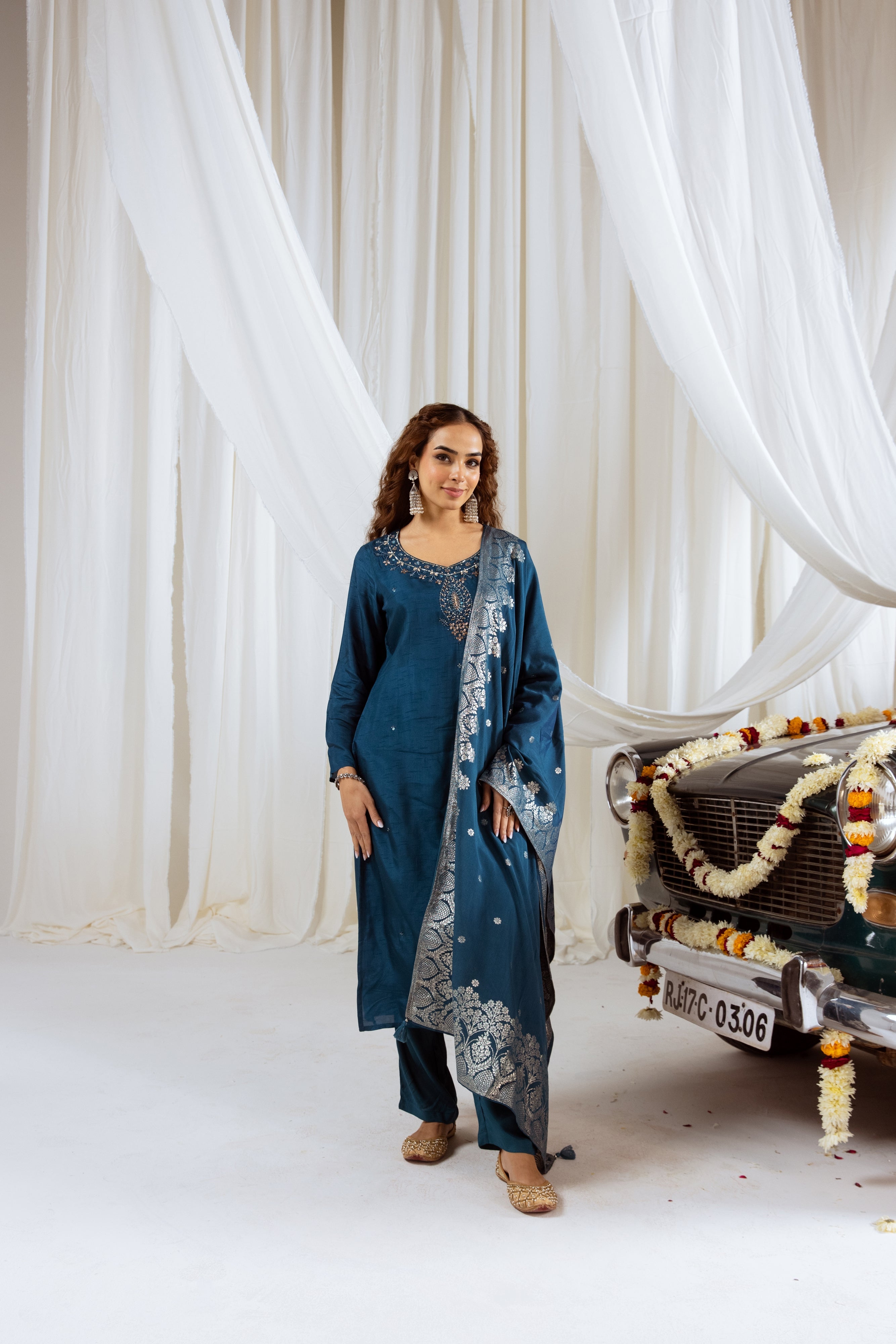 Navy Teal Dolla Silk Kurta Pant and Dupatta Set