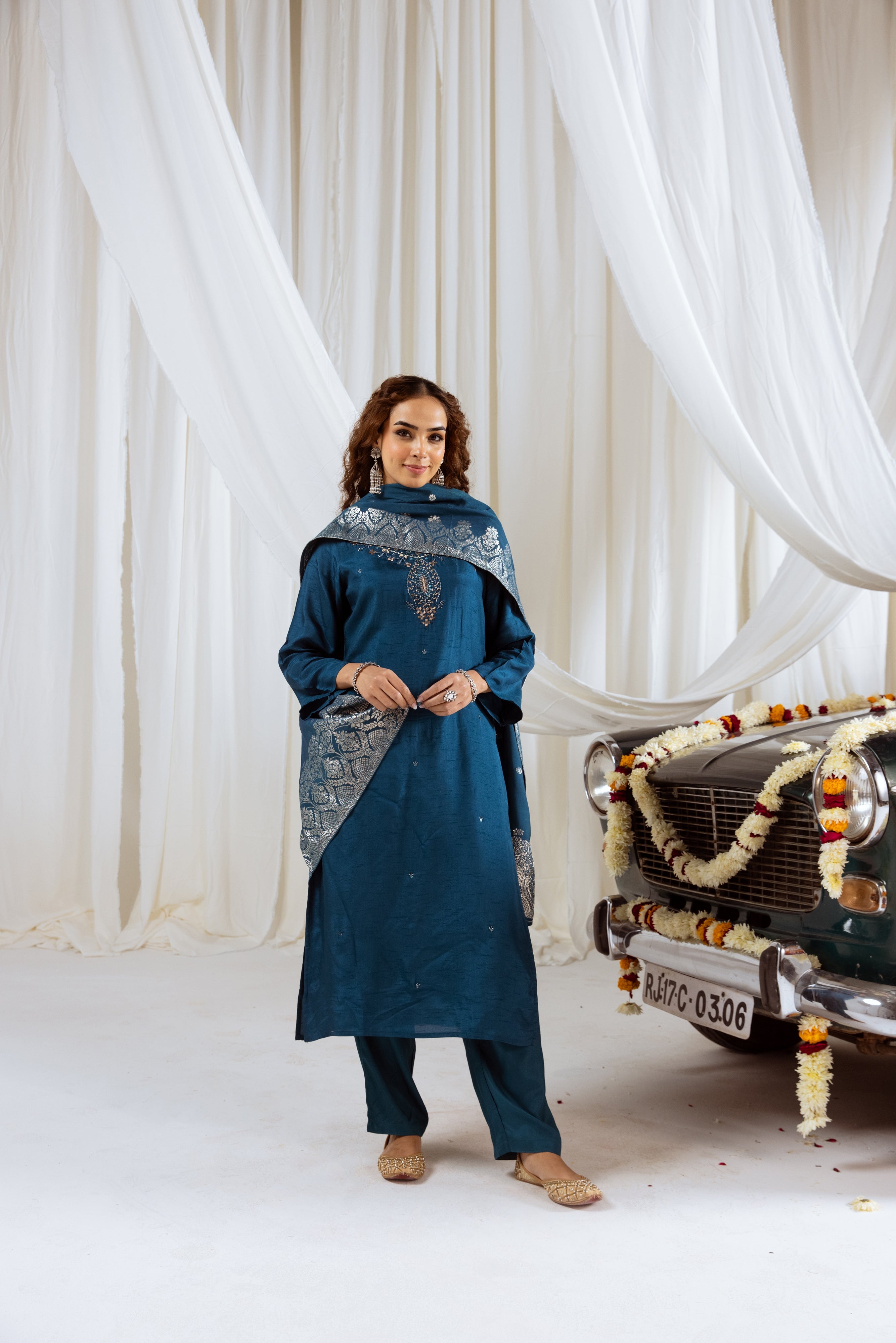 Navy Teal Dolla Silk Kurta Pant and Dupatta Set