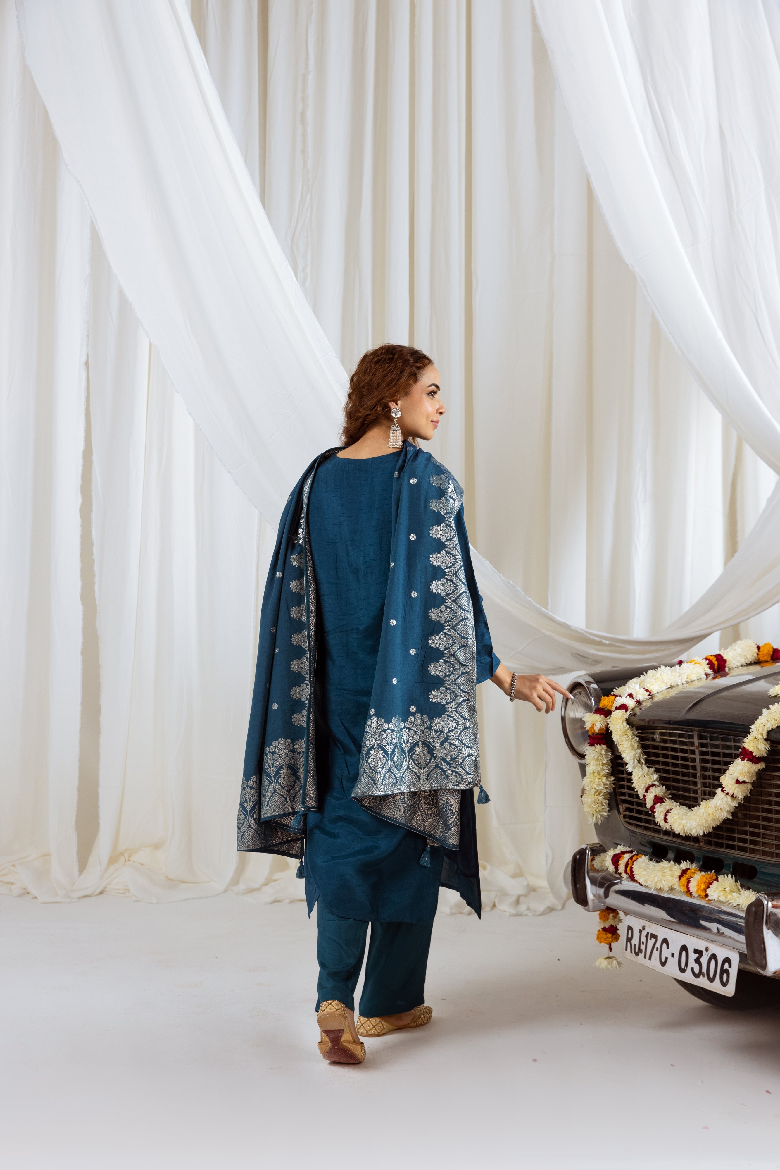 Navy Teal Dolla Silk Kurta Pant and Dupatta Set
