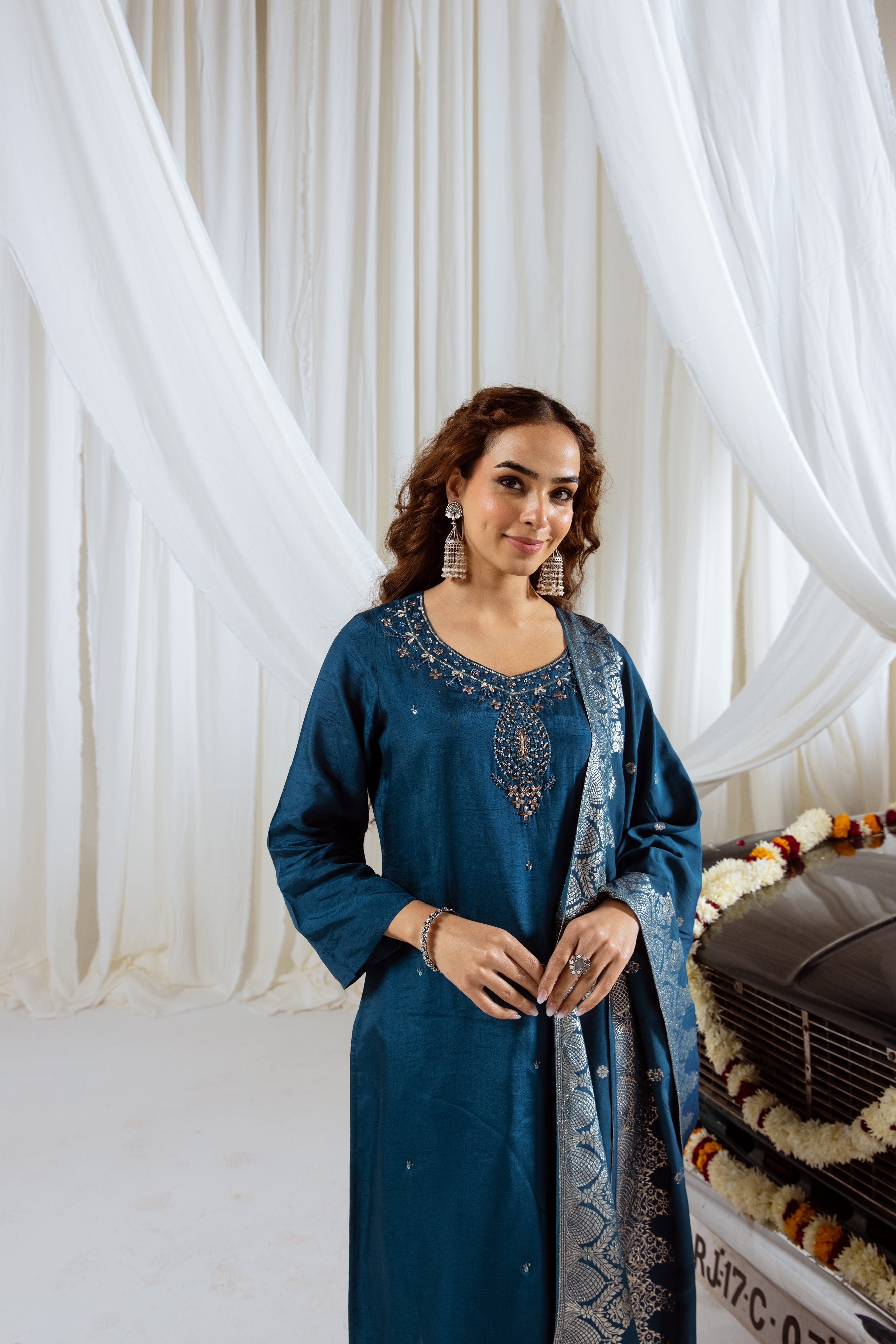 Navy Teal Dolla Silk Kurta Pant and Dupatta Set