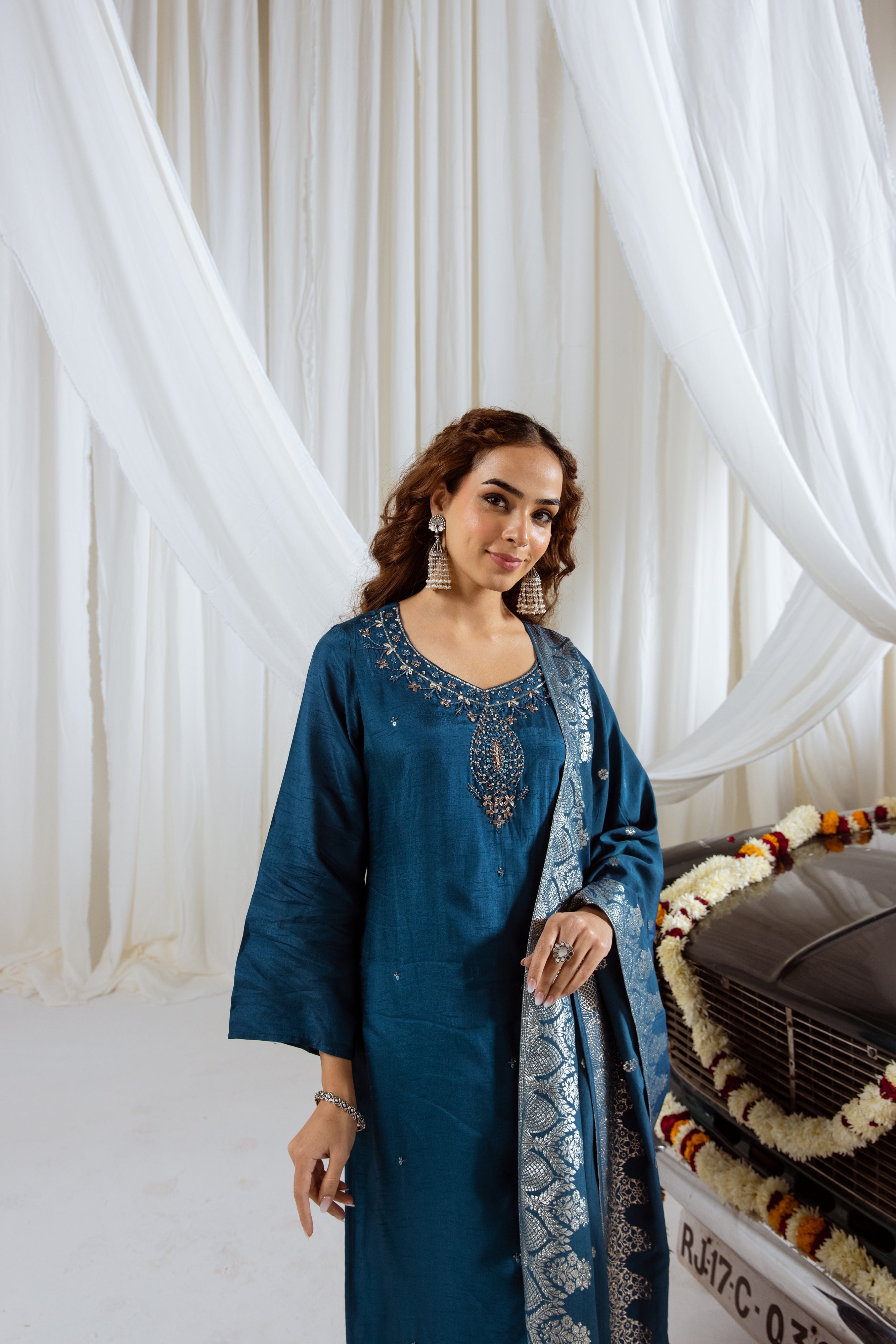Navy Teal Dolla Silk Kurta Pant and Dupatta Set