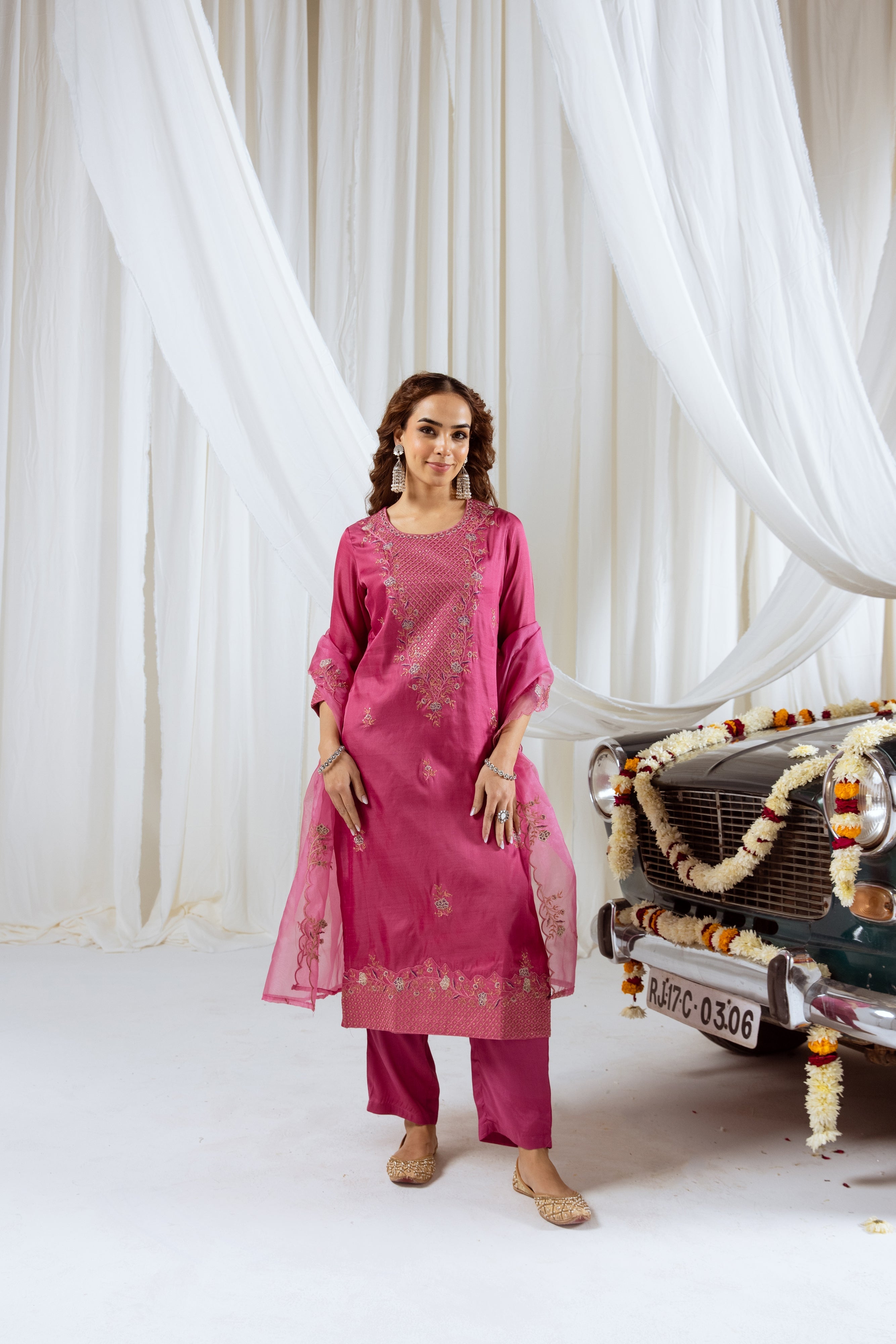 Thulium Pink Muslin Silk Kurta Pant and Dupatta Set