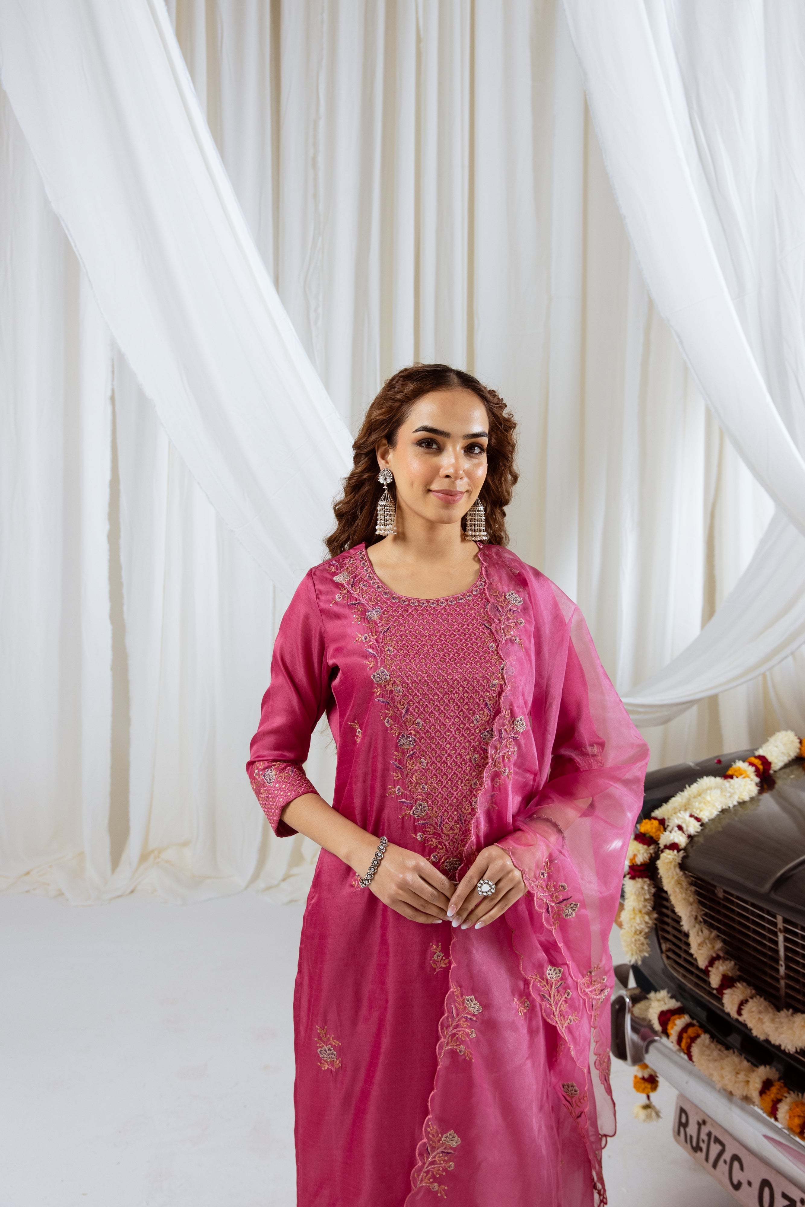Thulium Pink Muslin Silk Kurta Pant and Dupatta Set