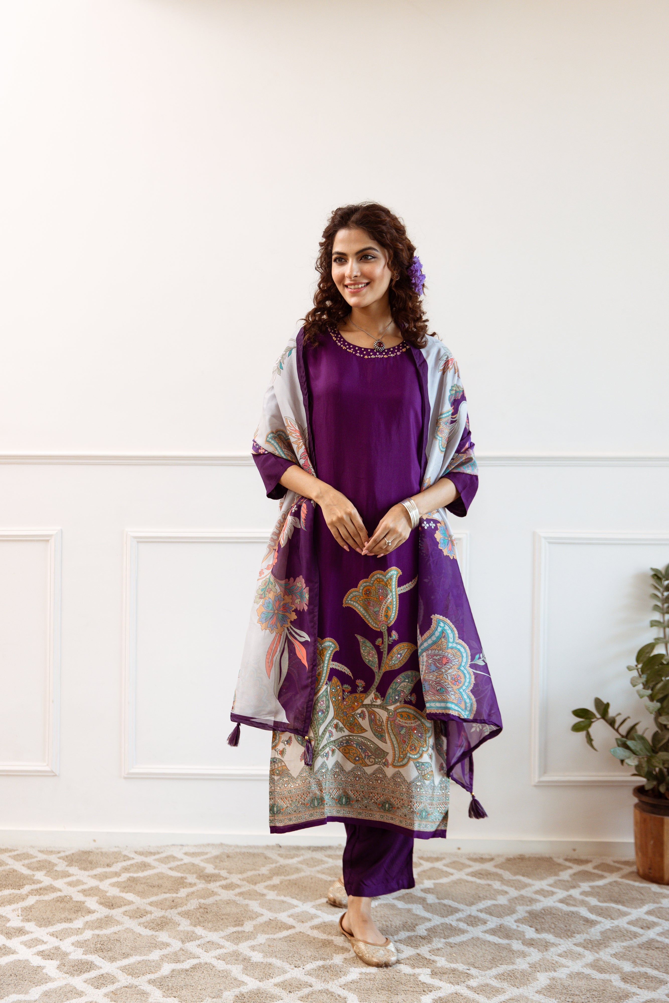Violet Viscose Muslin Kurta Pant and Dupatta Set