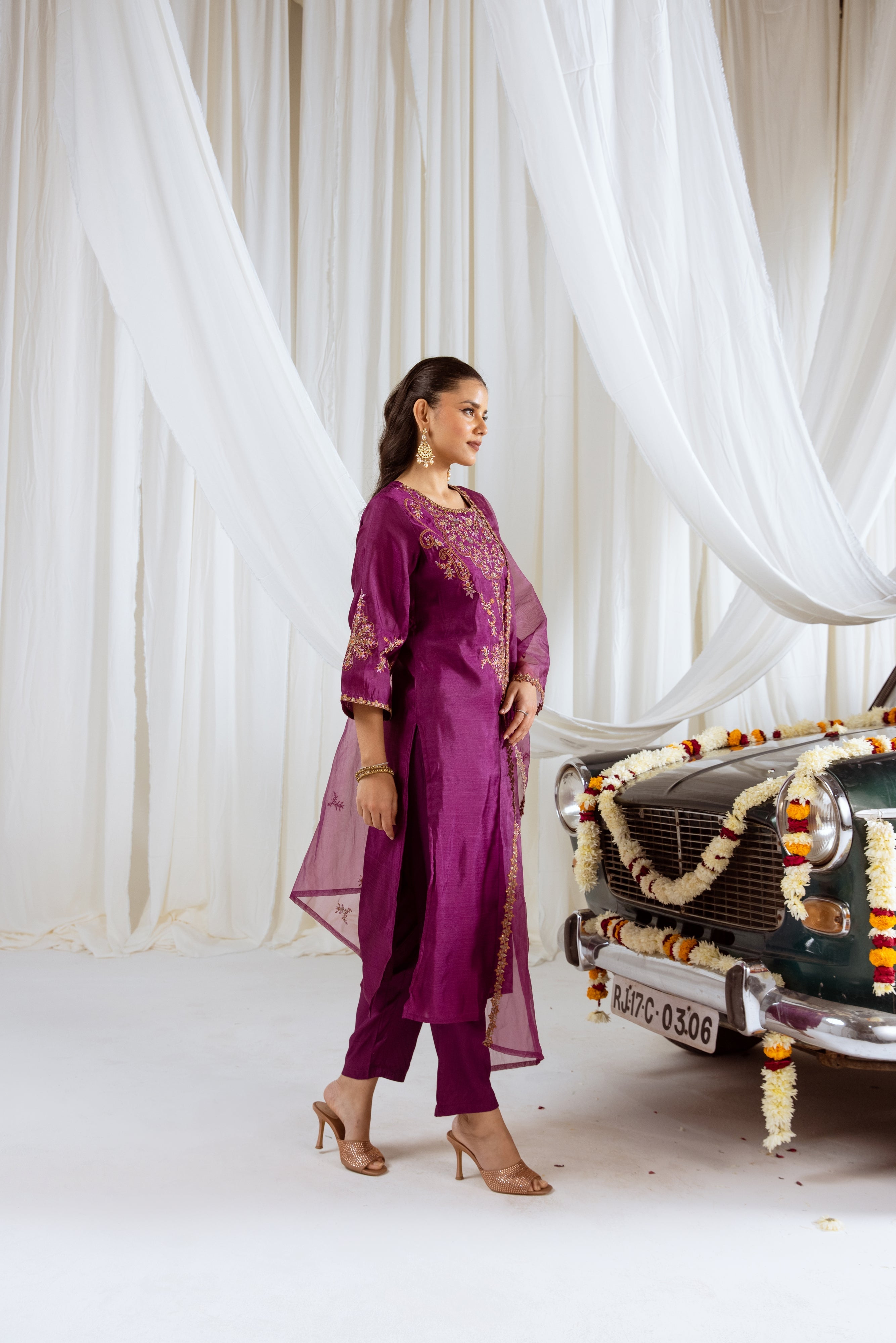 Wine Muslin Silk Kurta Pant and Dupatta Set