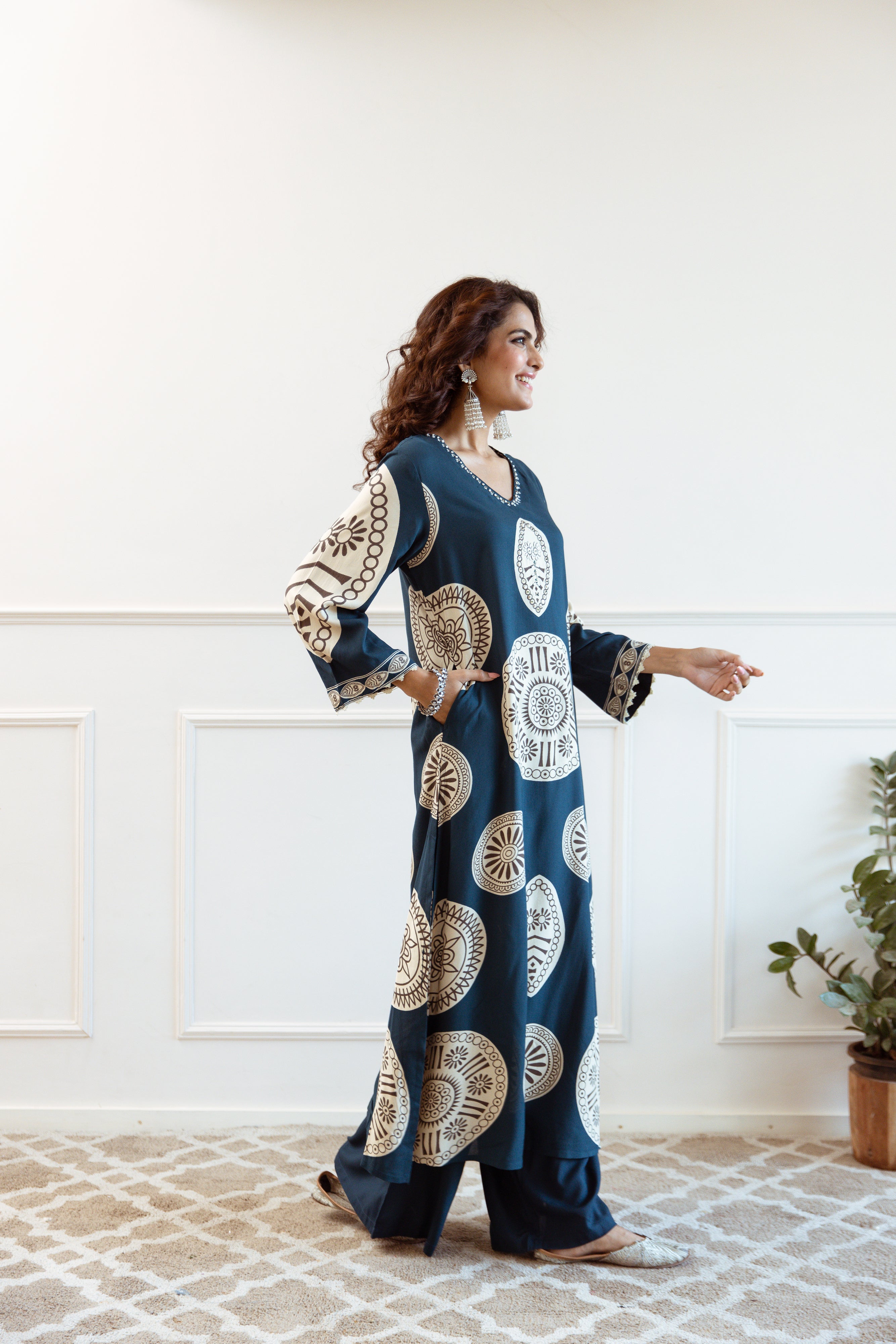 Women's Teal Blue German Rayon Kurta and Palazzo Set