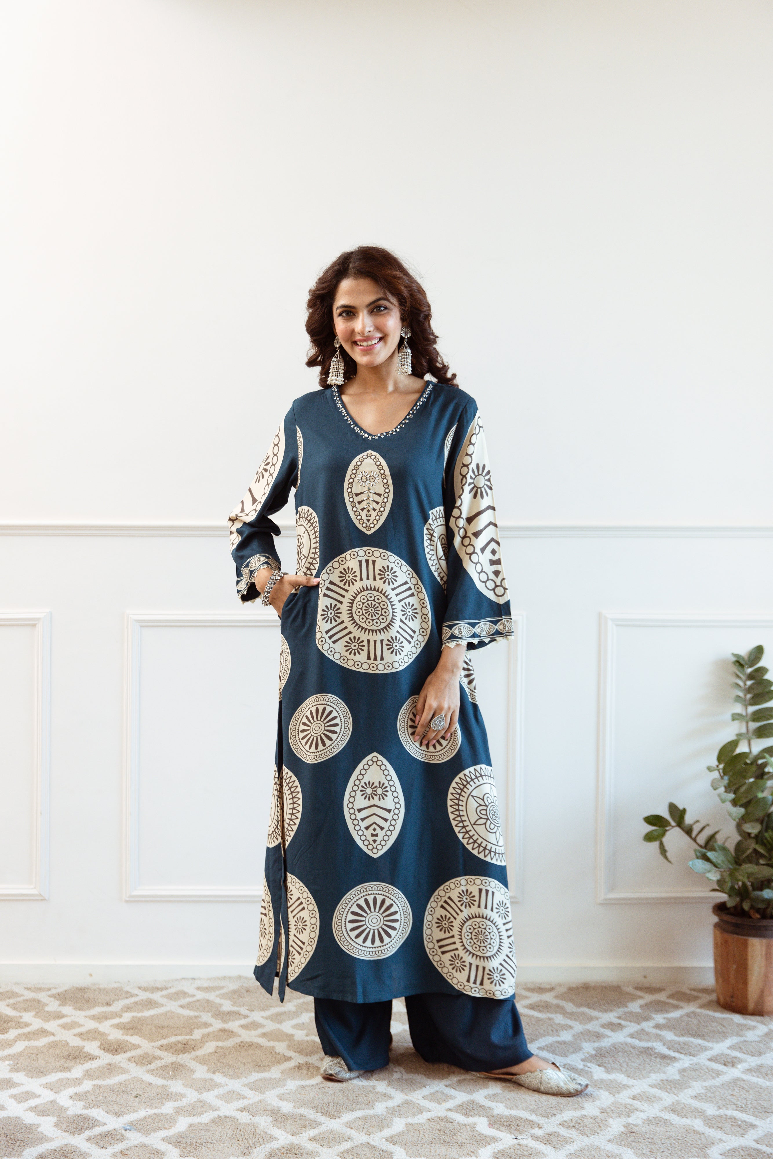 Women's Teal Blue German Rayon Kurta and Palazzo Set