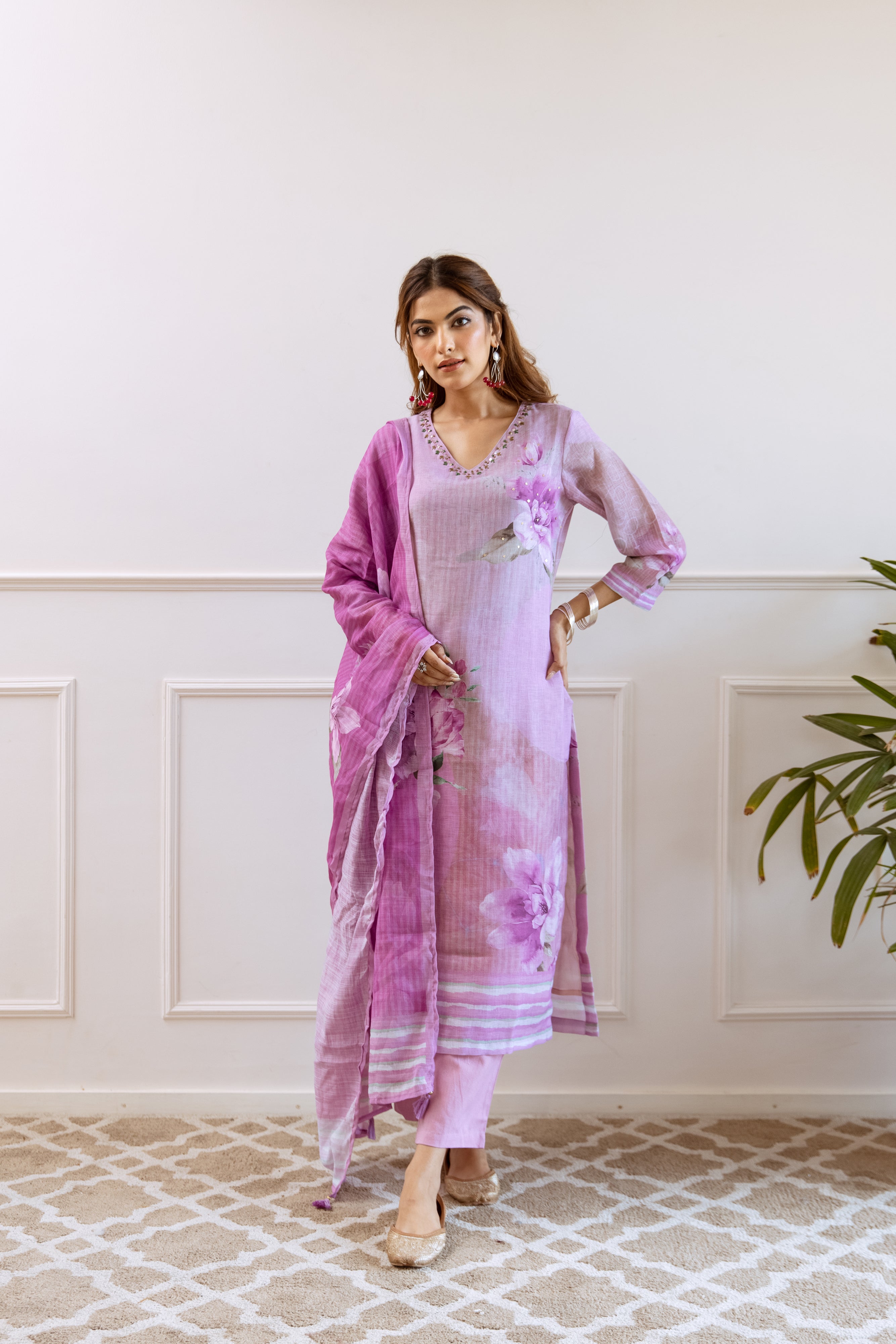 Lavender Organic Linen Kurta Pant and Dupatta Set
