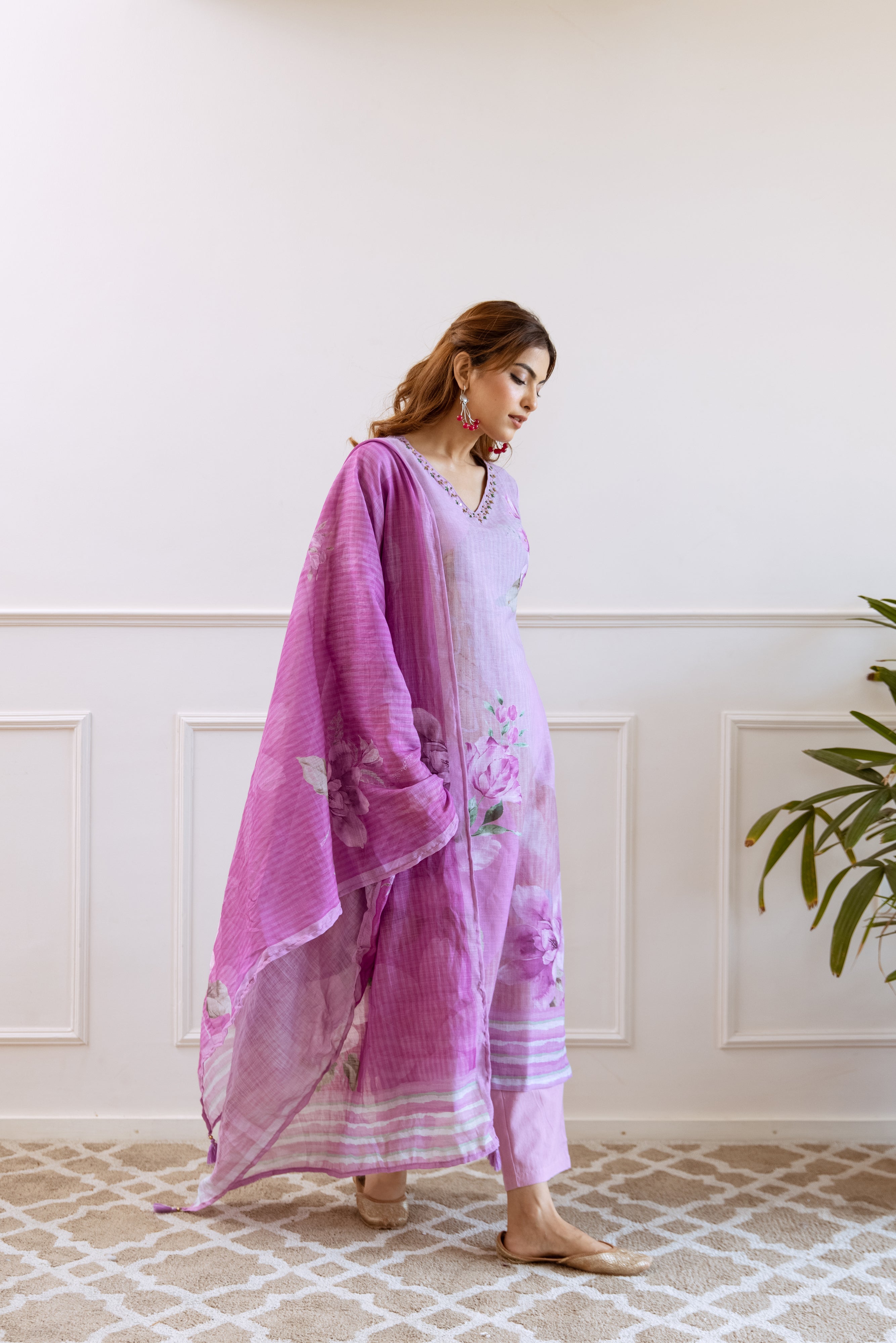 Lavender Organic Linen Kurta Pant and Dupatta Set