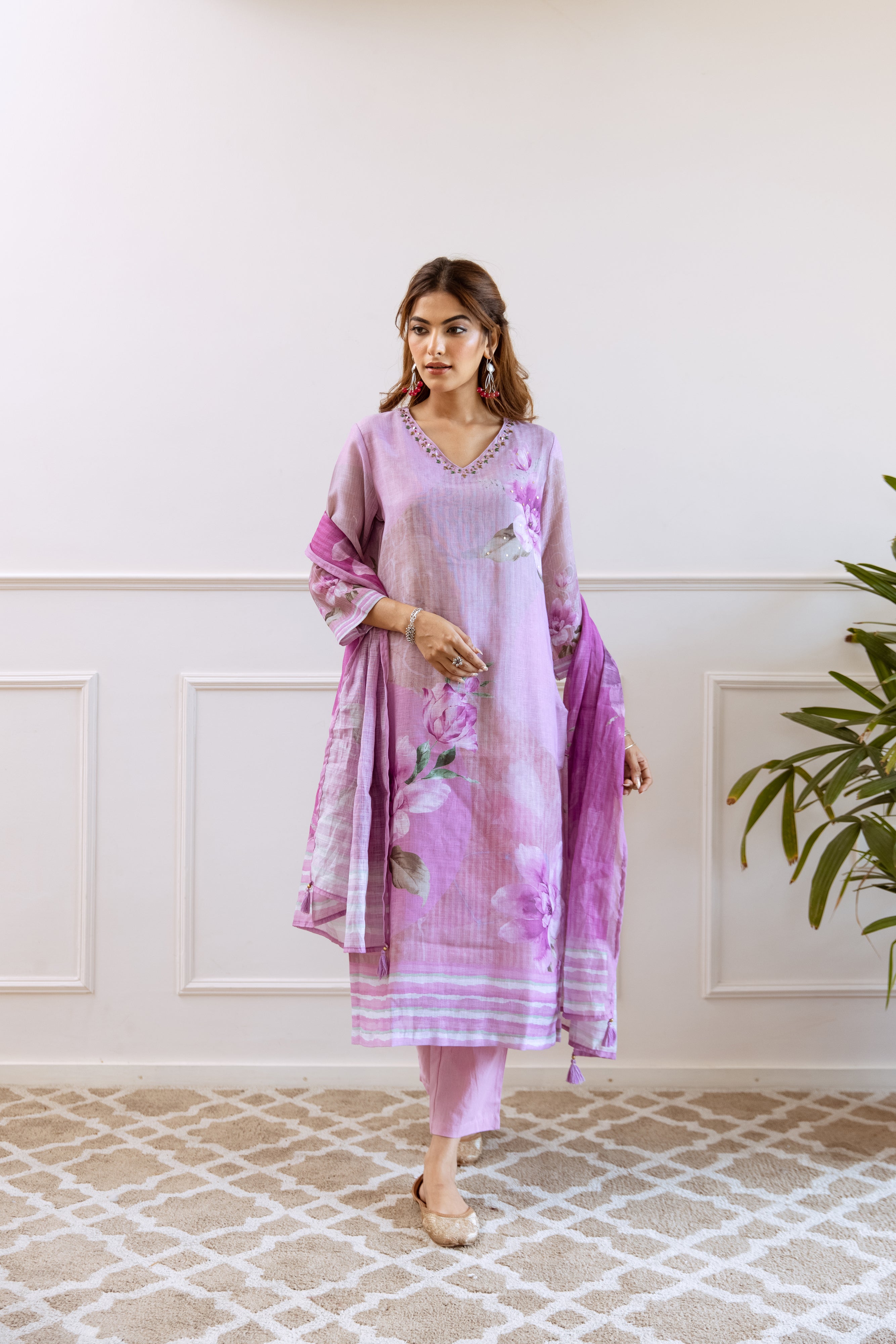 Lavender Organic Linen Kurta Pant and Dupatta Set