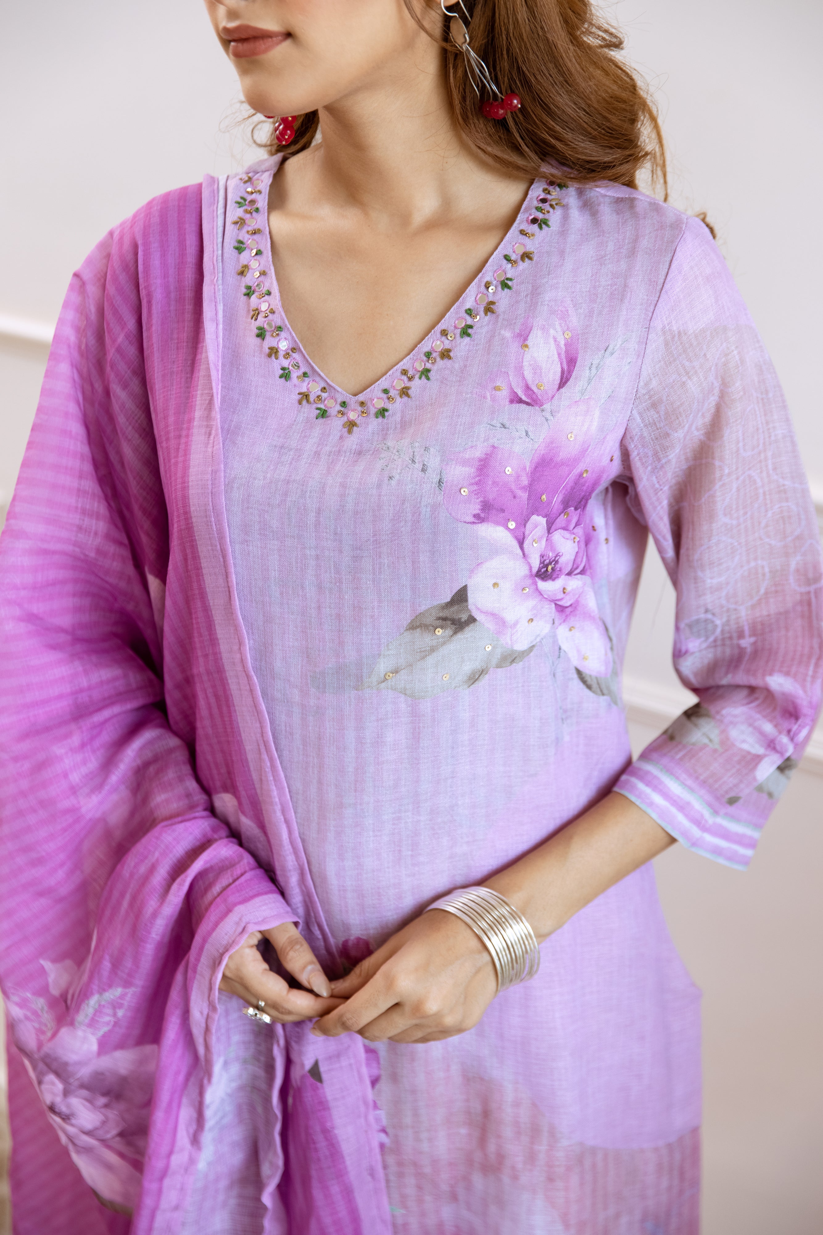 Lavender Organic Linen Kurta Pant and Dupatta Set