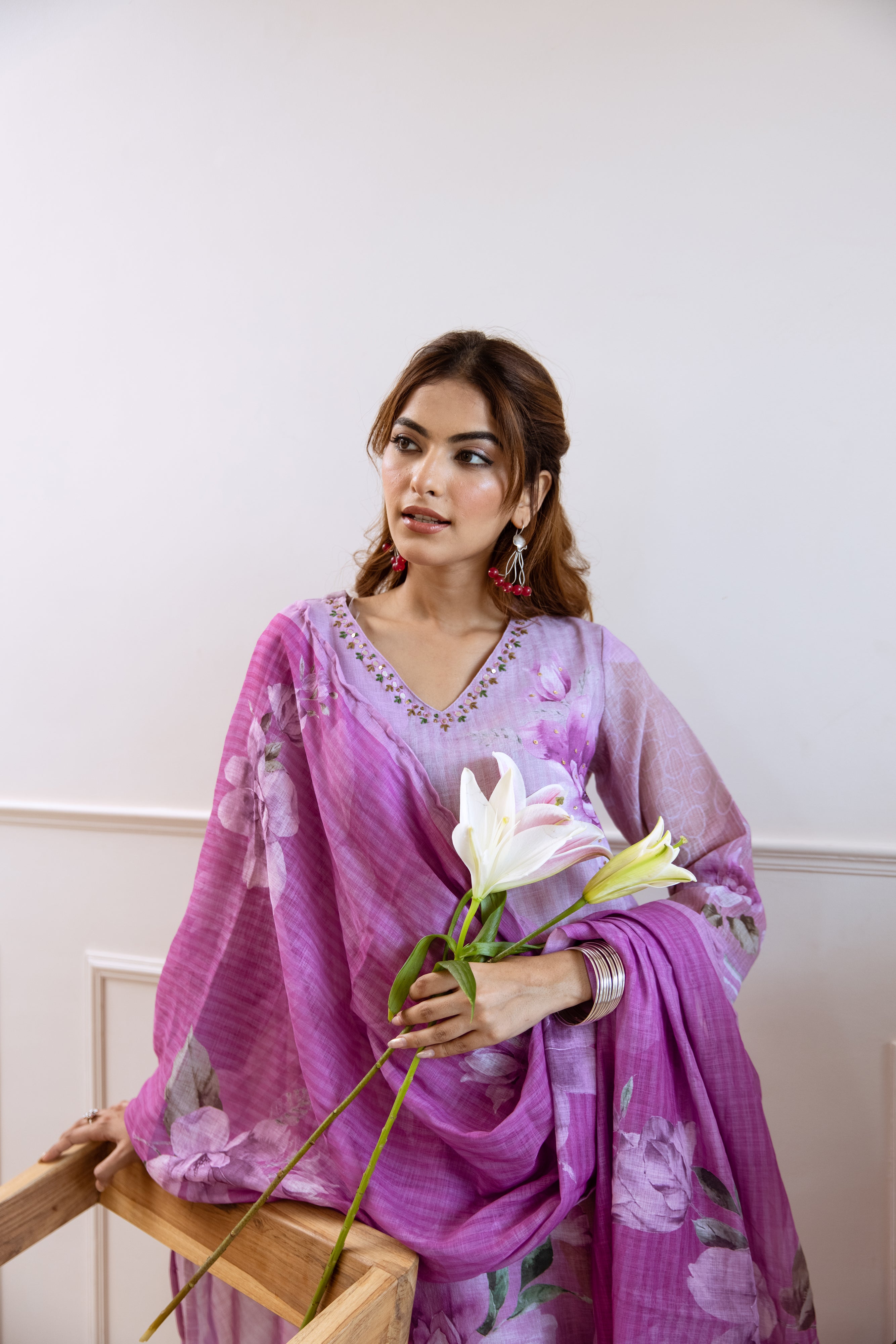 Lavender Organic Linen Kurta Pant and Dupatta Set
