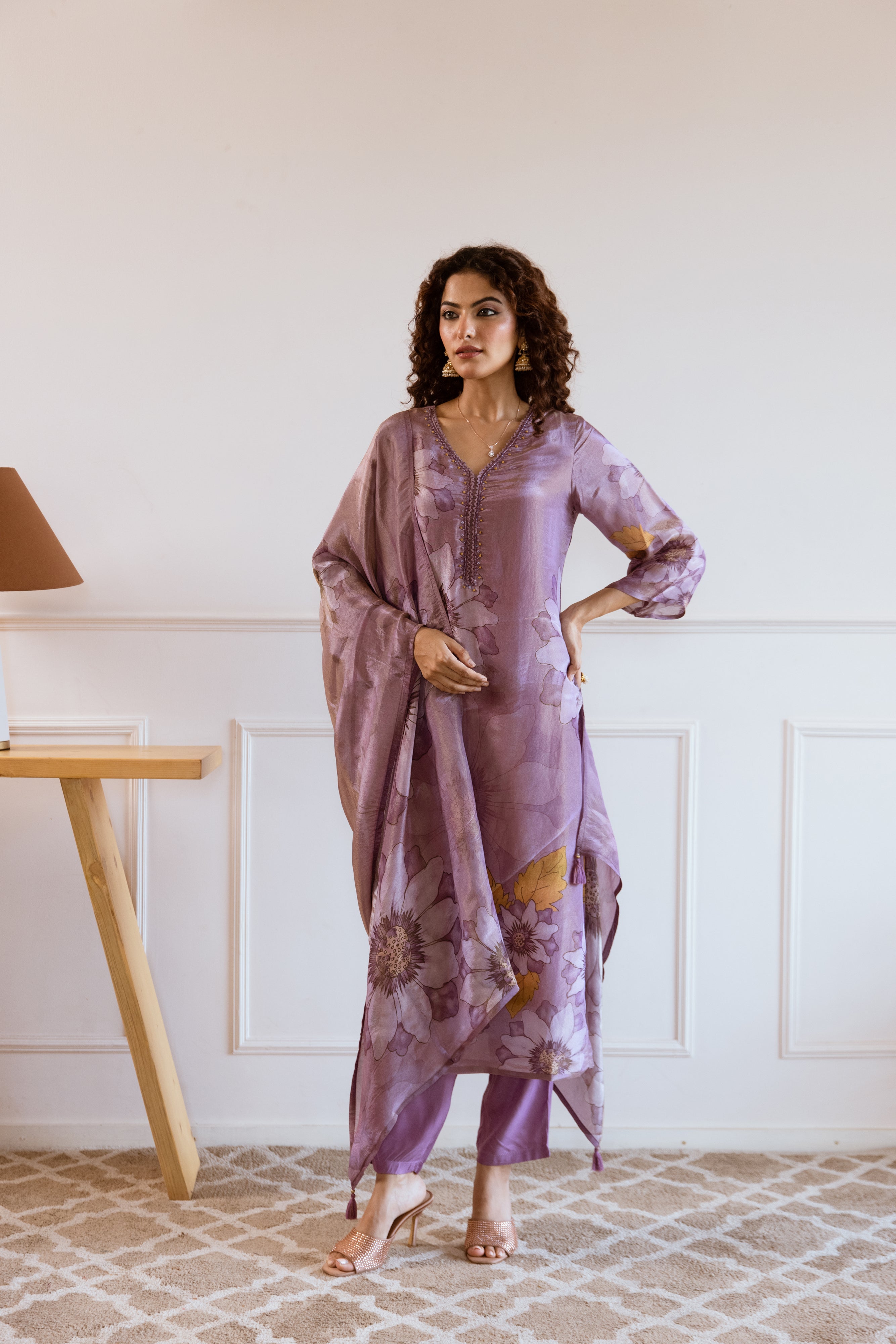 Purple Viscose Simmer Kurta Pant and Dupatta Set