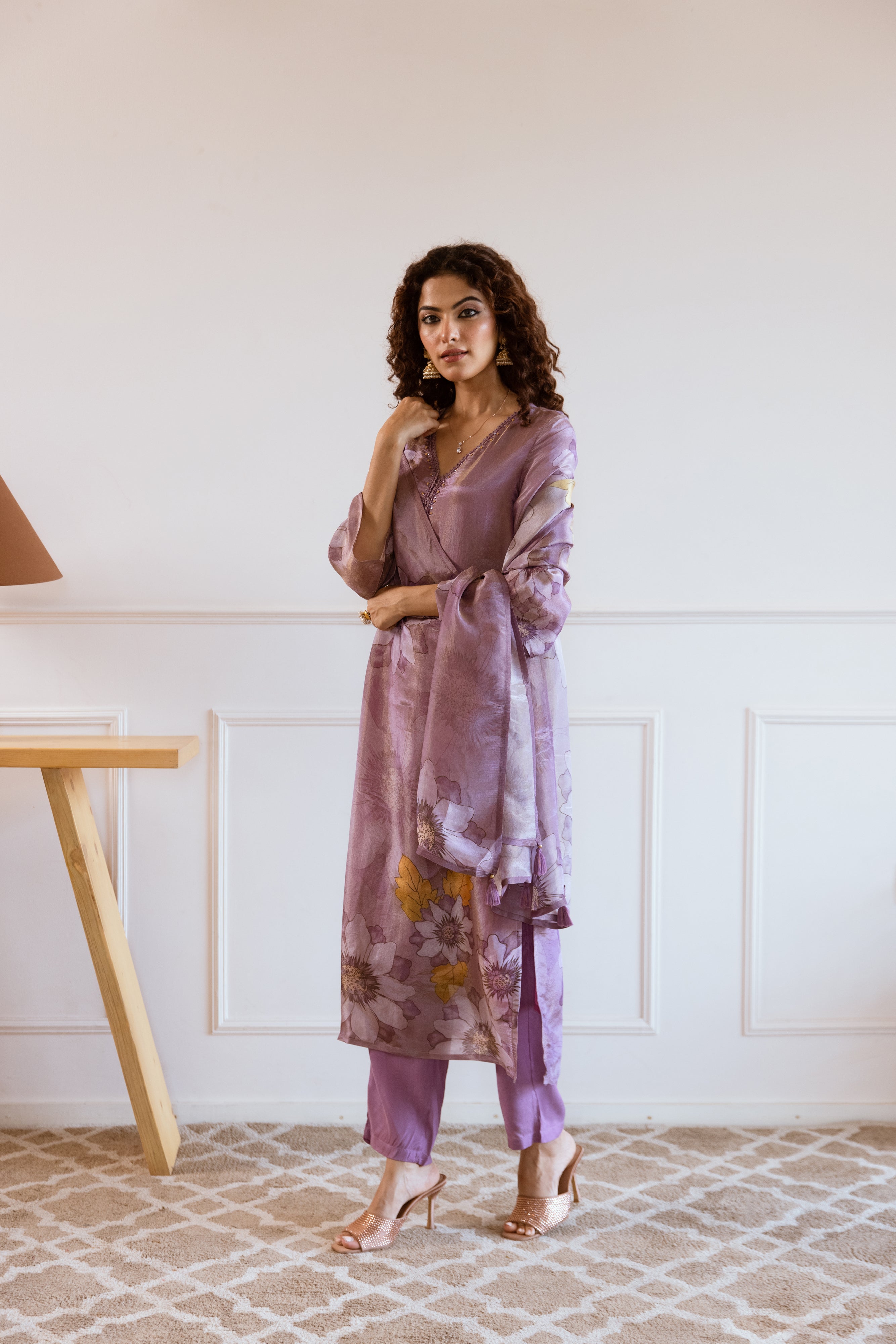 Purple Viscose Simmer Kurta Pant and Dupatta Set