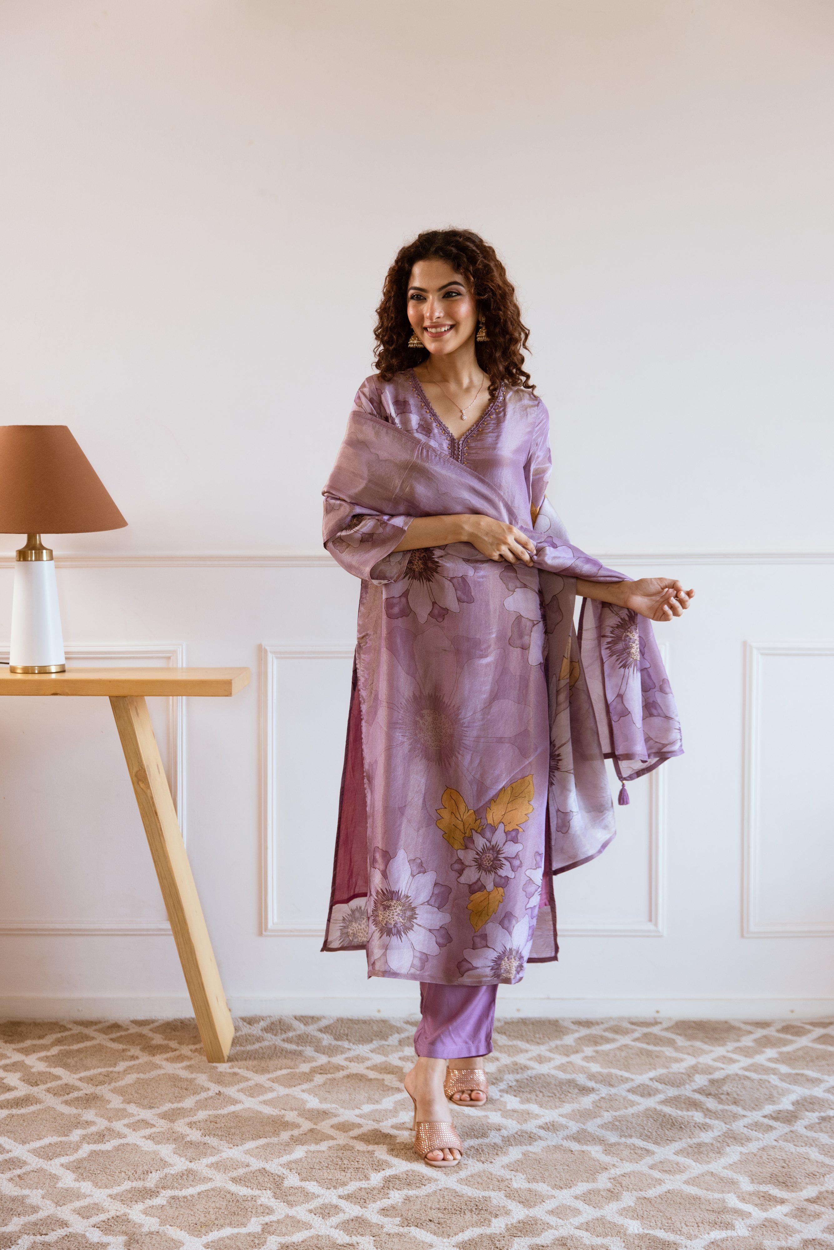 Purple Viscose Simmer Kurta Pant and Dupatta Set