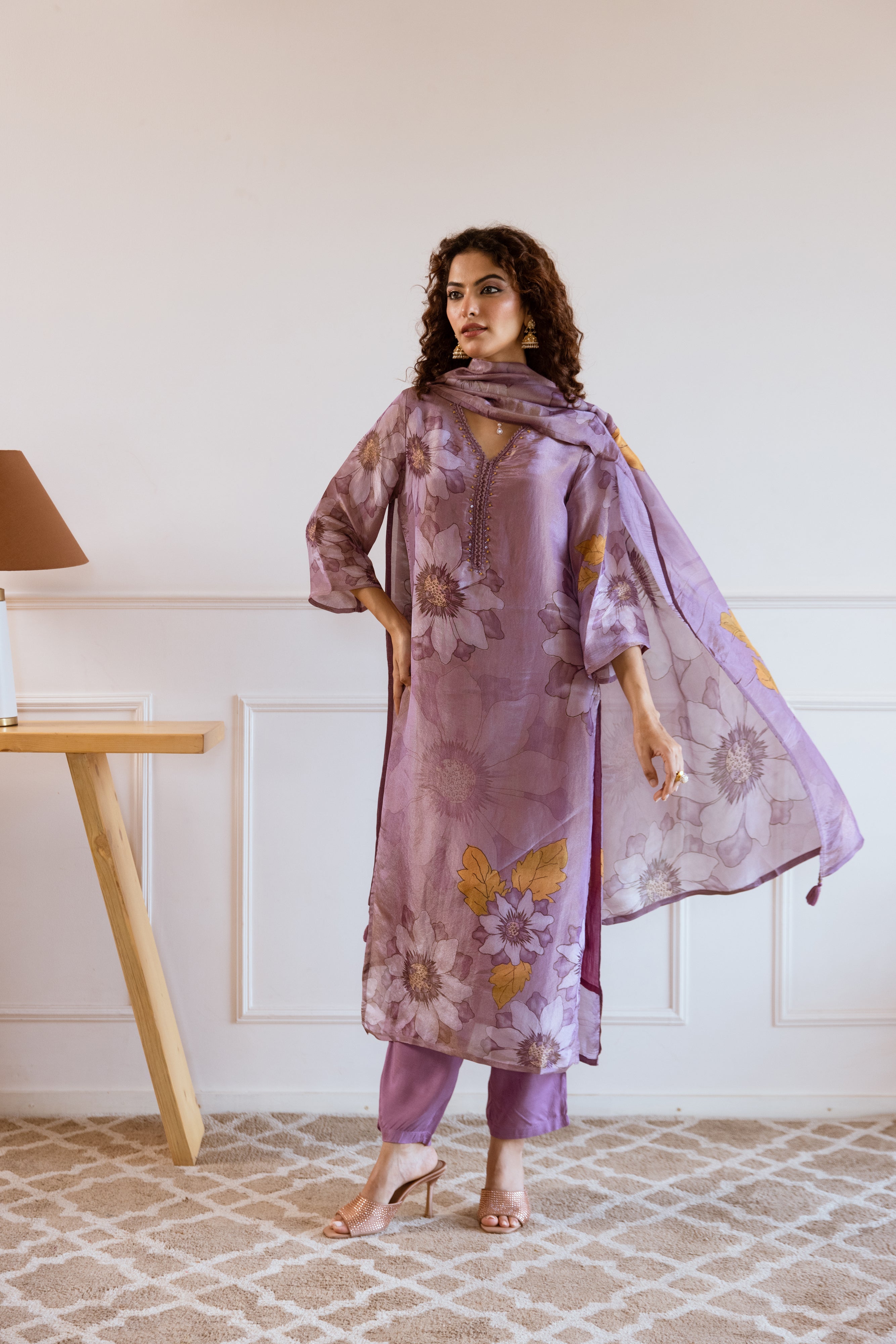 Purple Viscose Simmer Kurta Pant and Dupatta Set