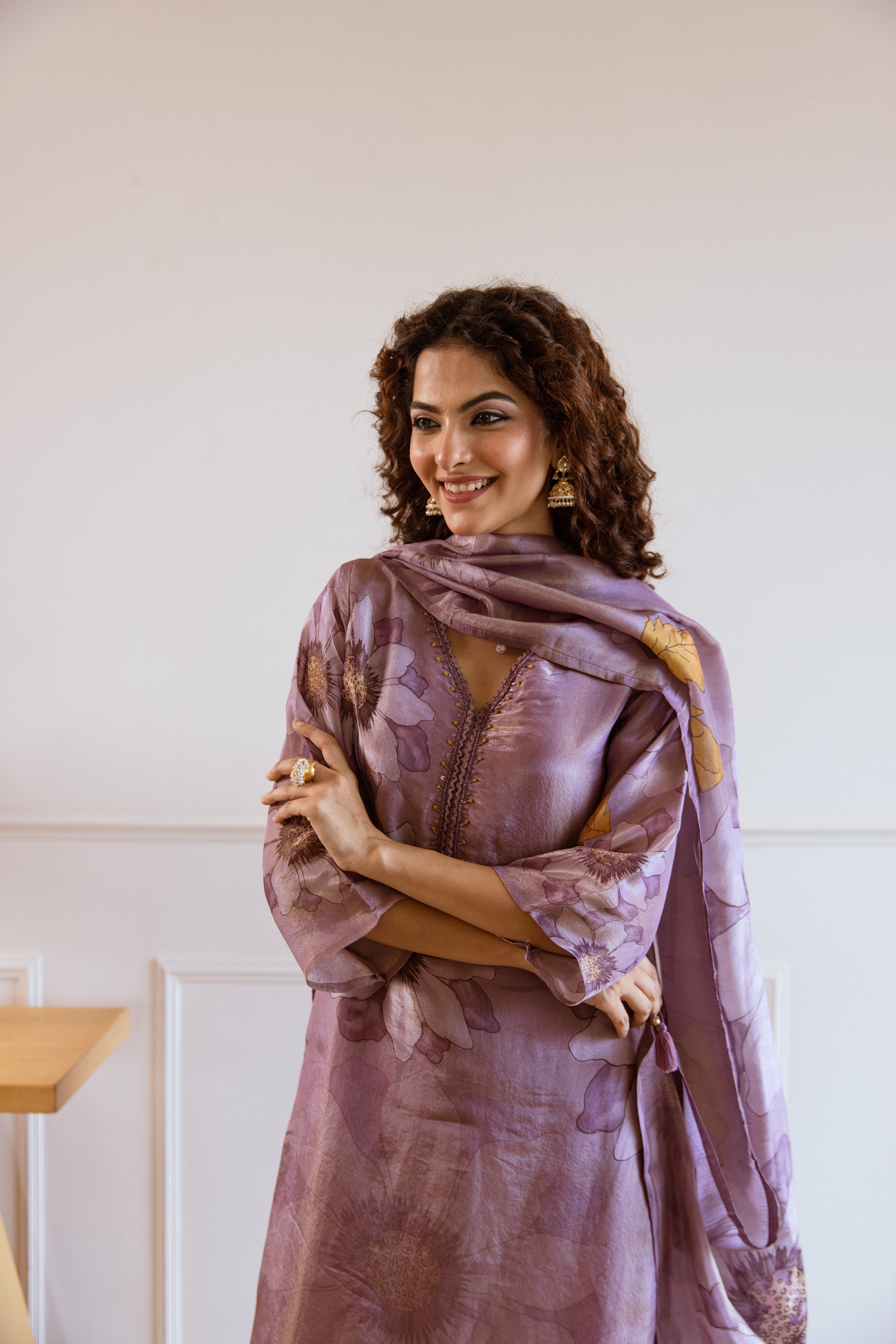 Purple Viscose Simmer Kurta Pant and Dupatta Set
