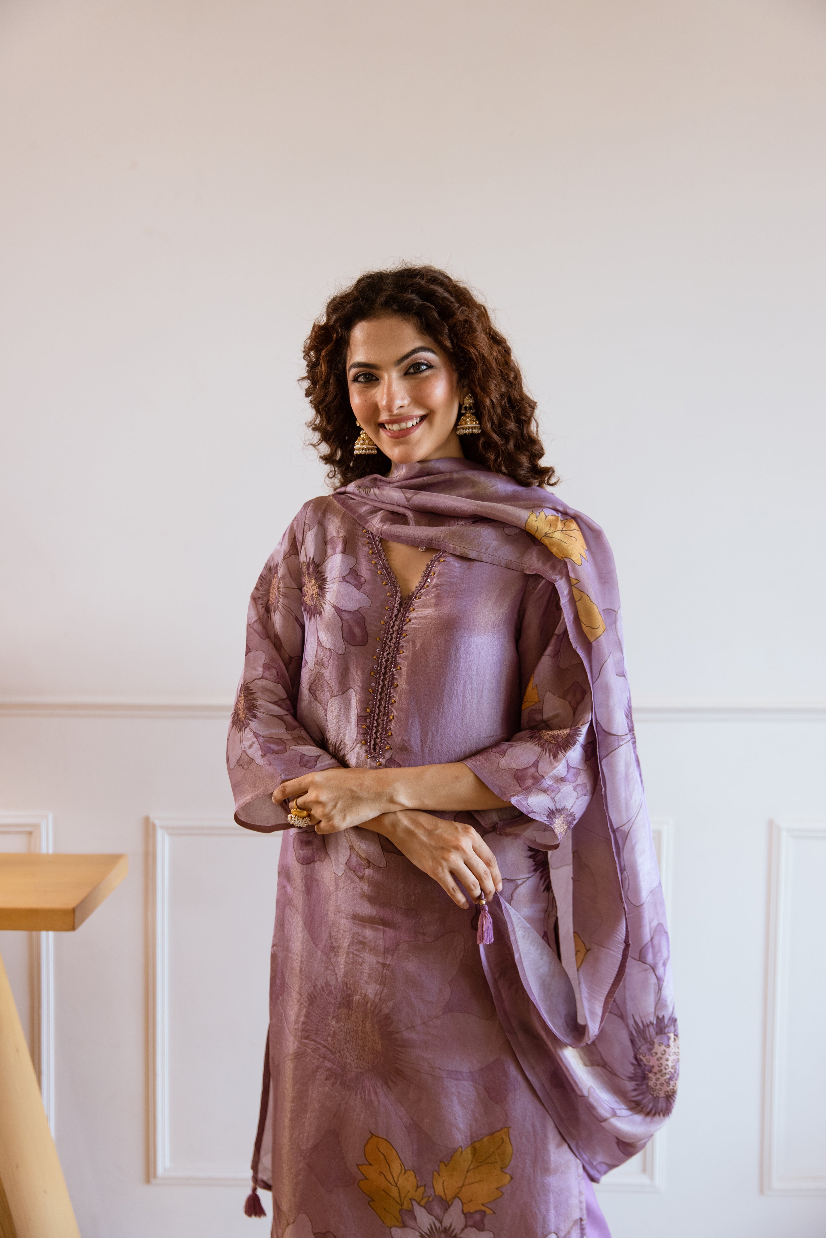 Purple Viscose Simmer Kurta Pant and Dupatta Set