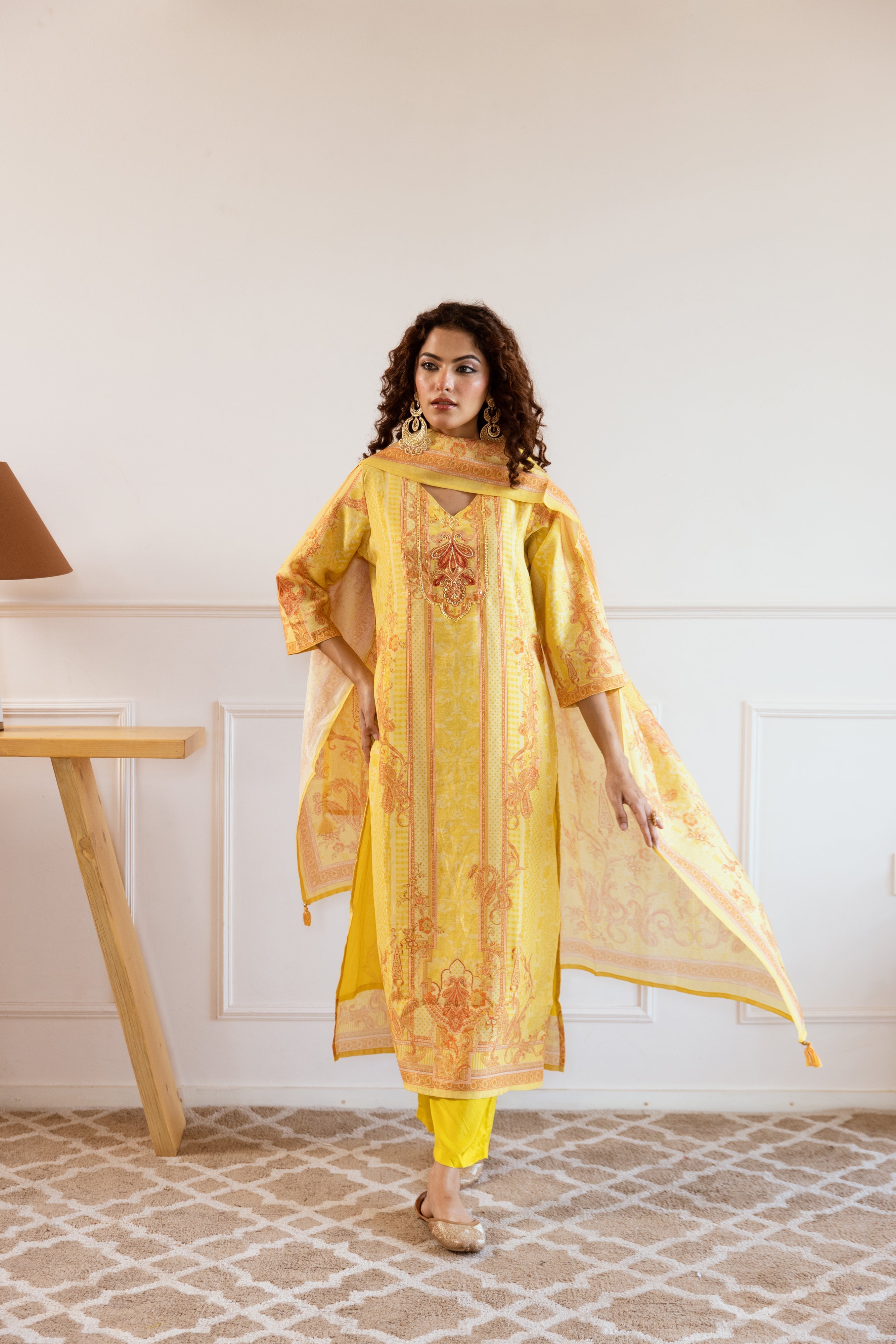 womens Yellow Modal Shimmer Kurta Pant and Dupatta Set