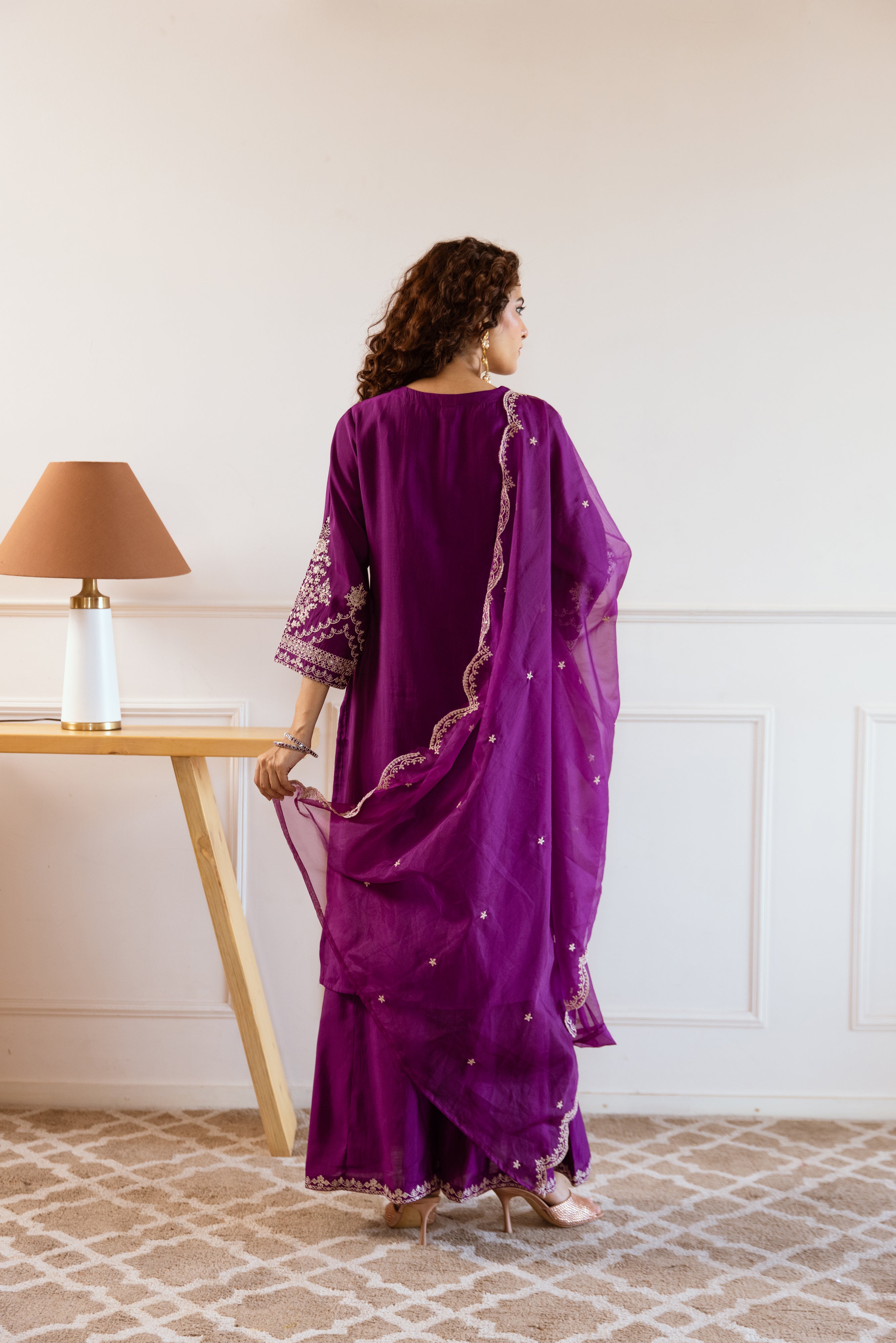 Voilet:Cream Modal Muslin Kurta Palazzo and Dupatta Set