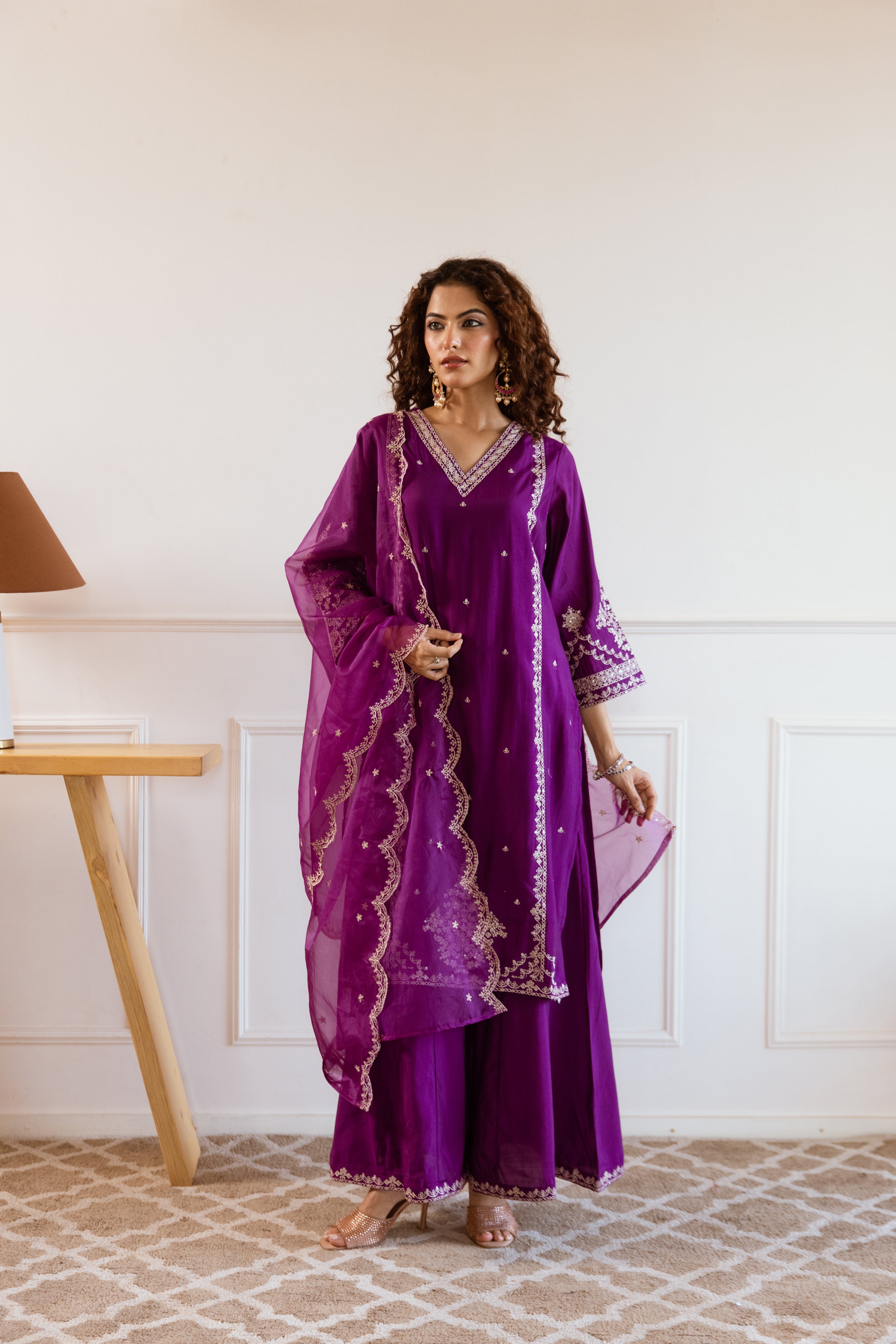 Voilet:Cream Modal Muslin Kurta Palazzo and Dupatta Set