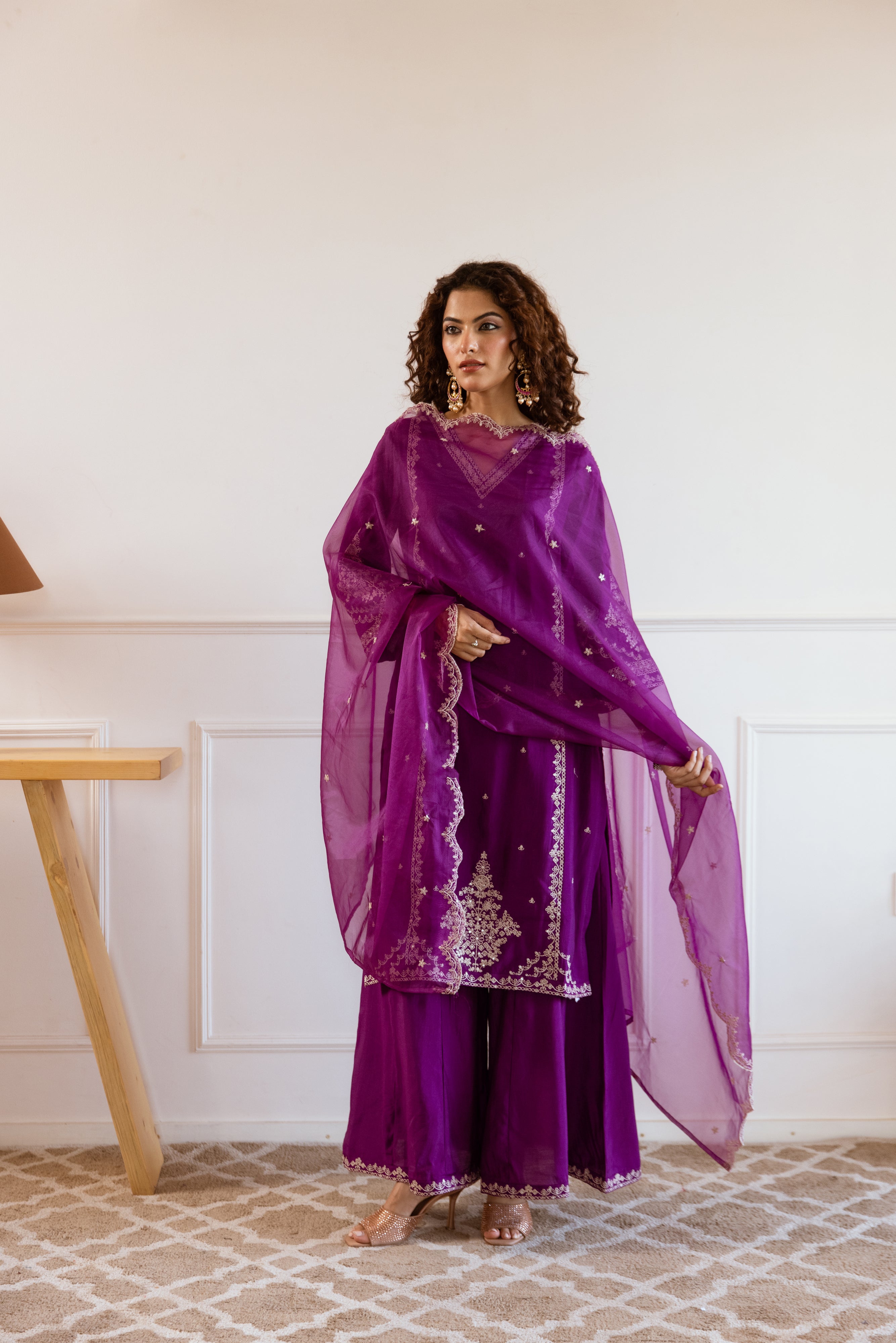Voilet:Cream Modal Muslin Kurta Palazzo and Dupatta Set