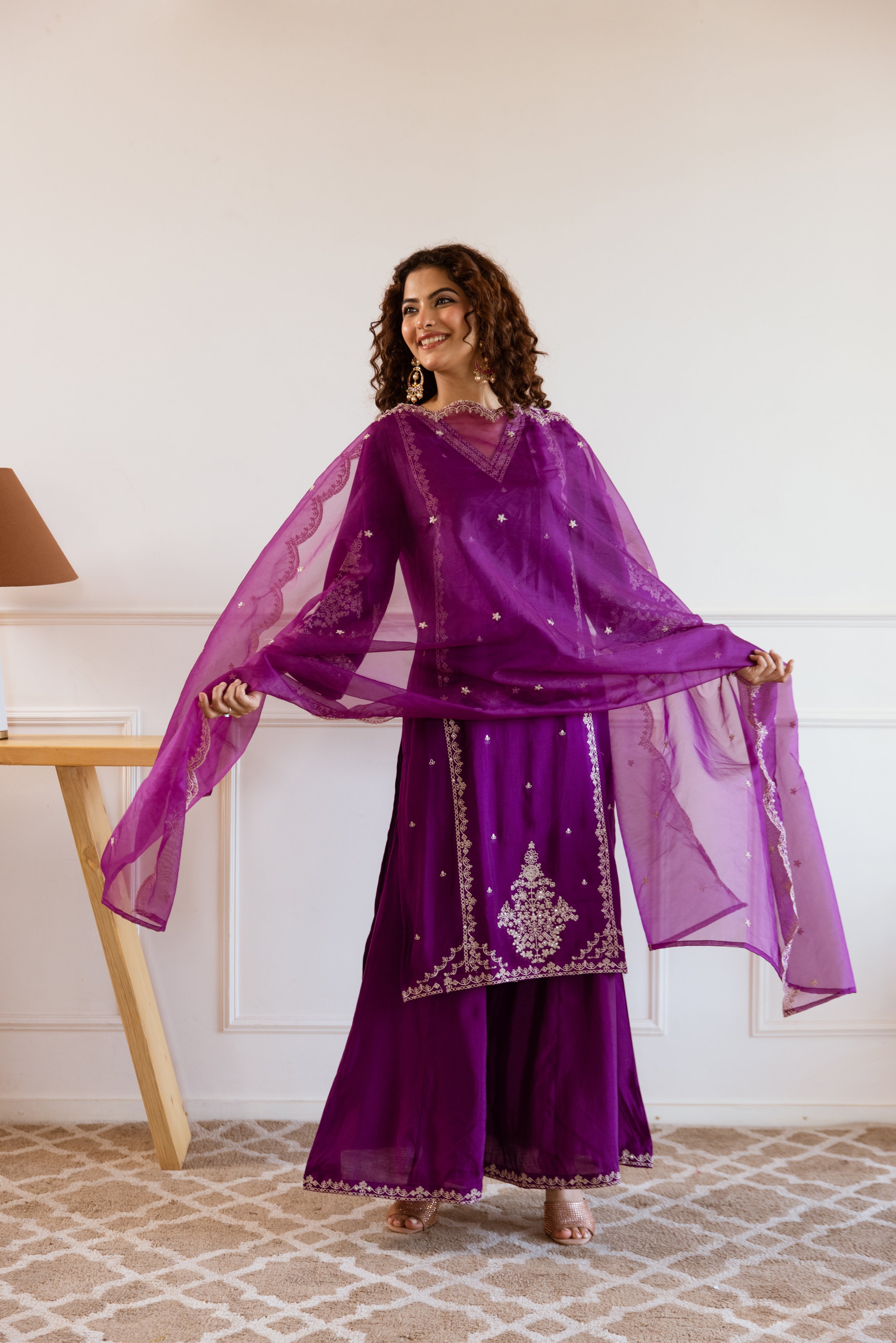 Voilet:Cream Modal Muslin Kurta Palazzo and Dupatta Set