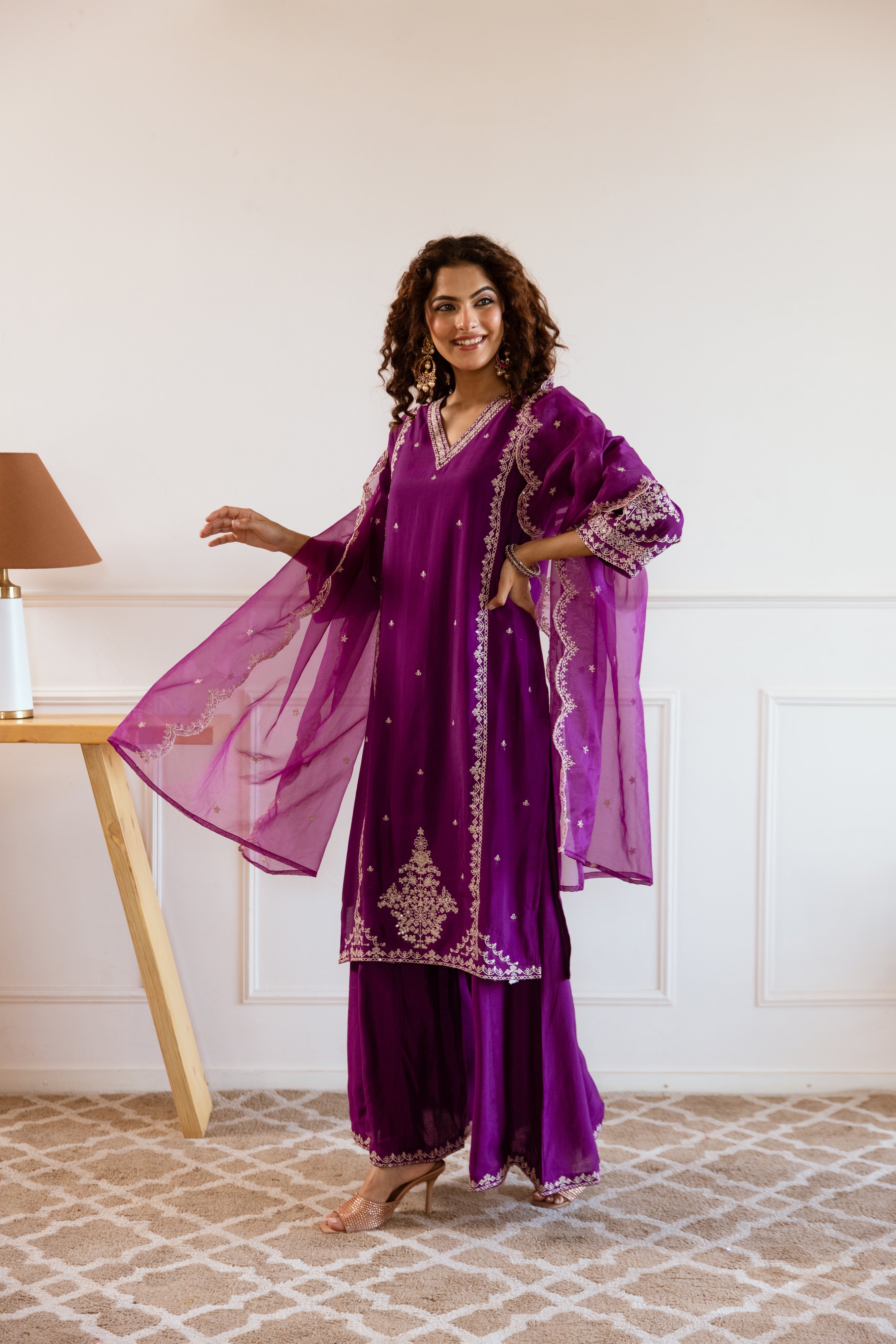 Voilet:Cream Modal Muslin Kurta Palazzo and Dupatta Set