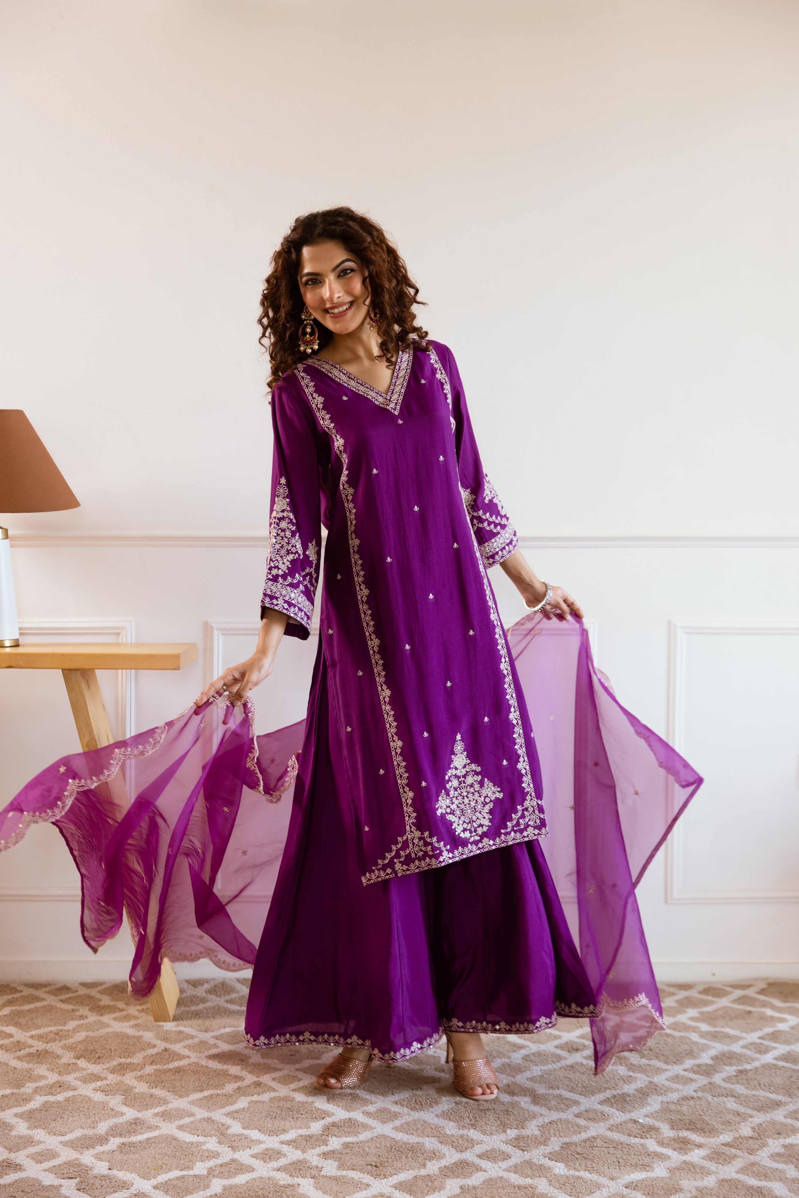 Voilet:Cream Modal Muslin Kurta Palazzo and Dupatta Set