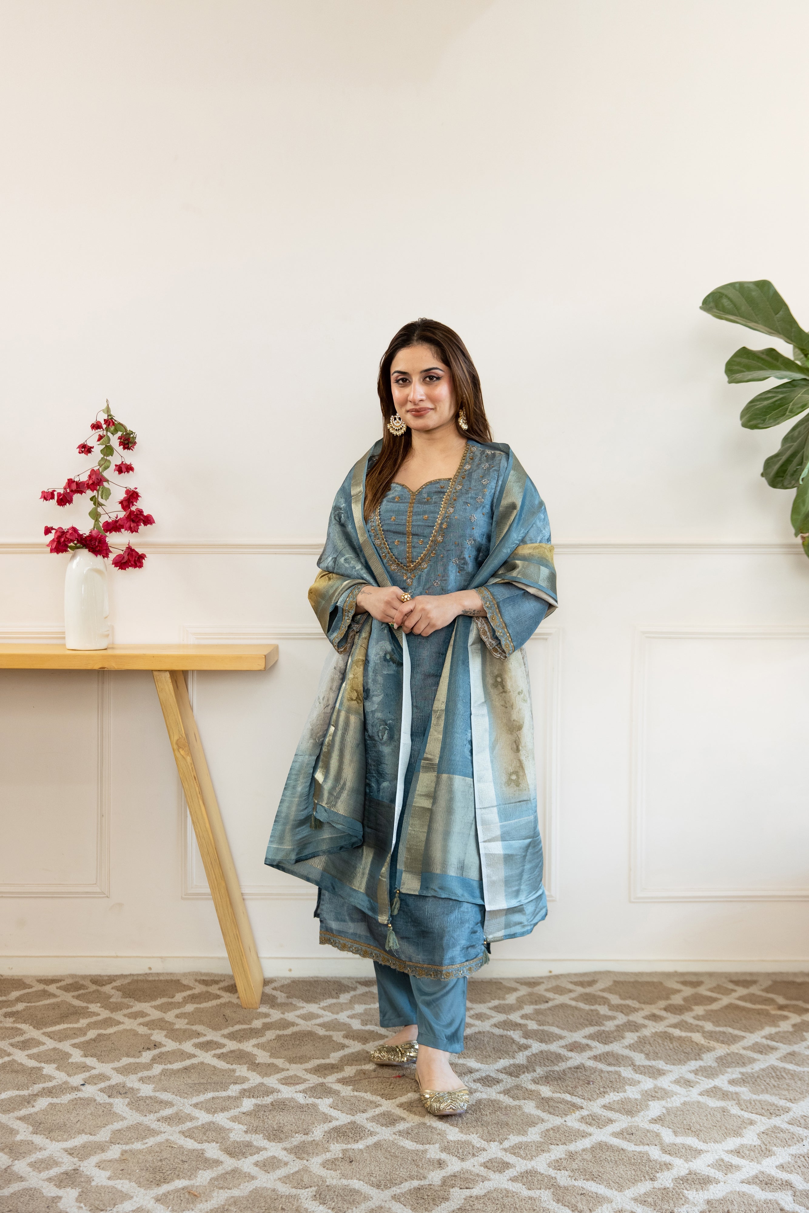 Teal Tissue Simmer Kurta Pant and Dupatta Set