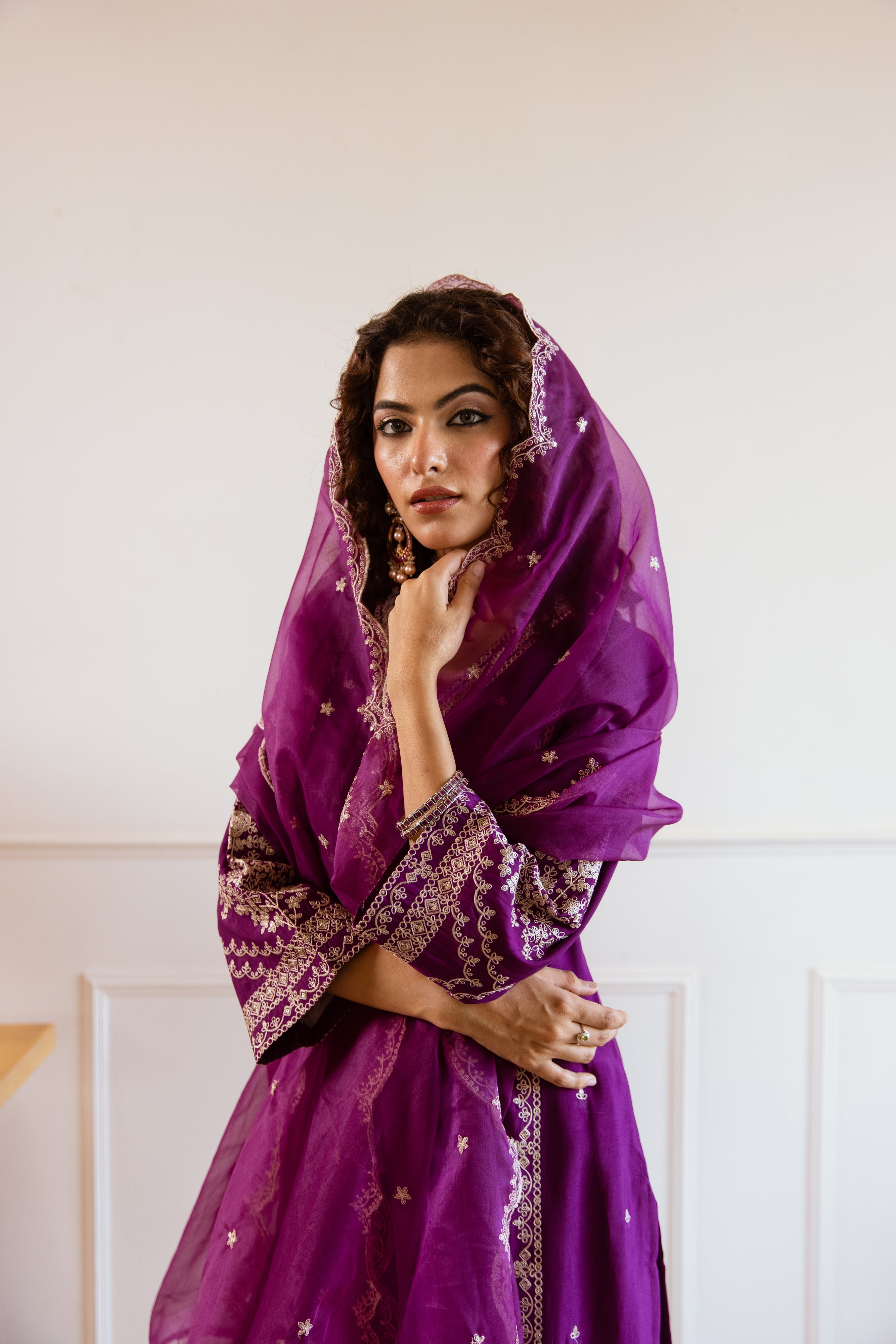 Voilet:Cream Modal Muslin Kurta Palazzo and Dupatta Set