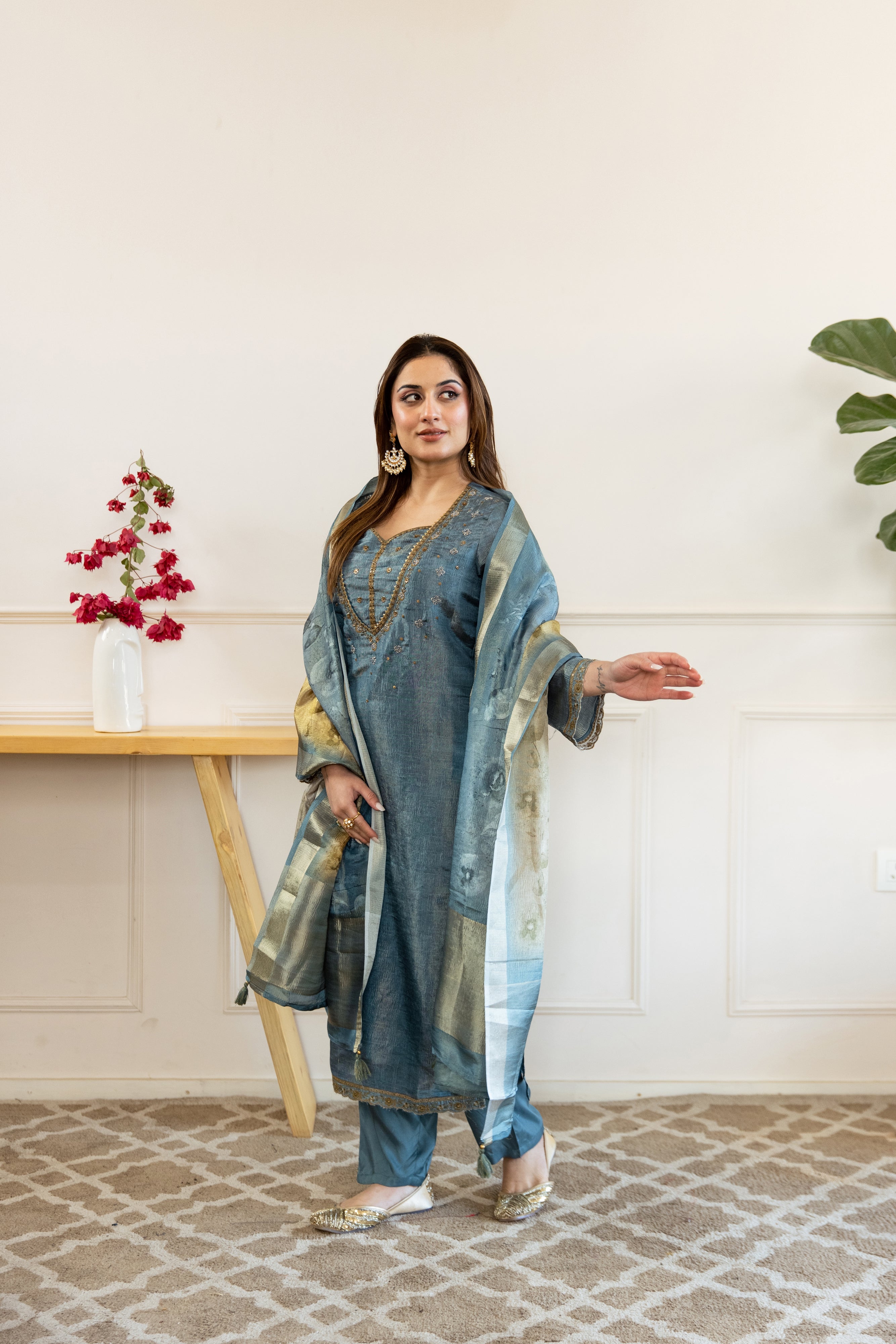 Teal Tissue Simmer Kurta Pant and Dupatta Set