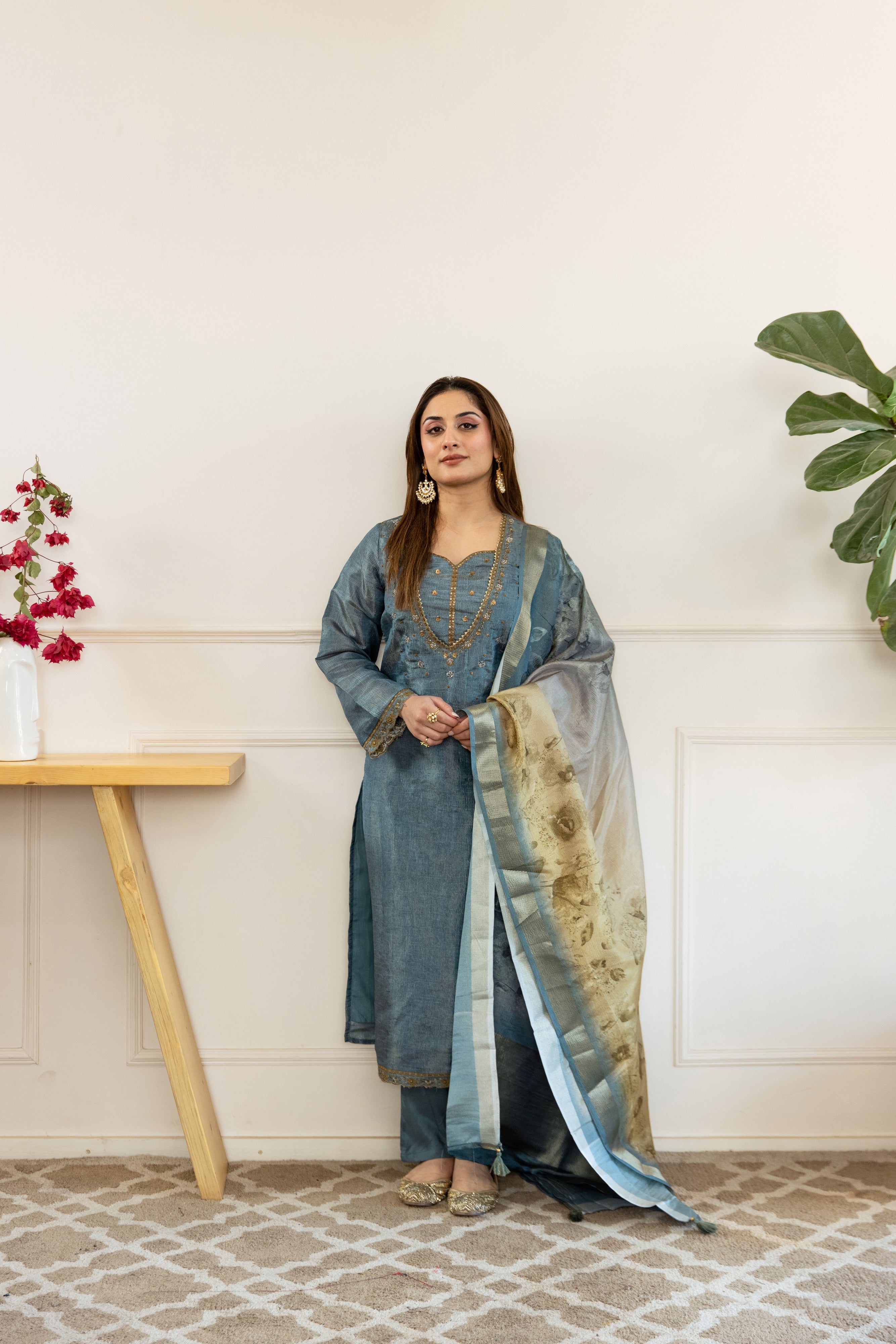 Teal Tissue Simmer Kurta Pant and Dupatta Set