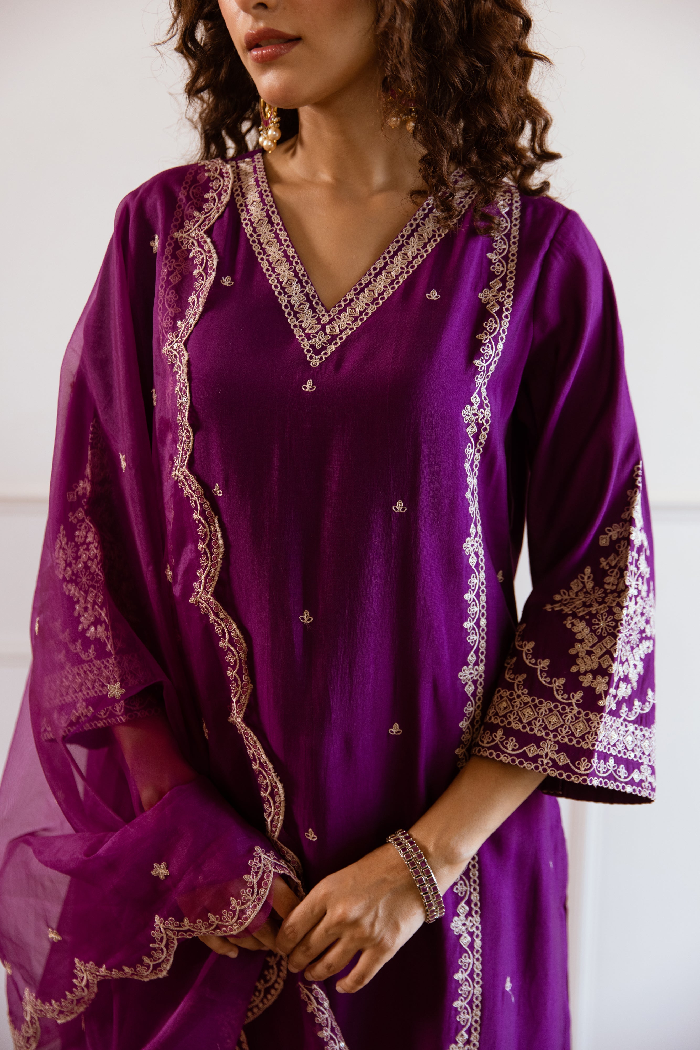Voilet:Cream Modal Muslin Kurta Palazzo and Dupatta Set