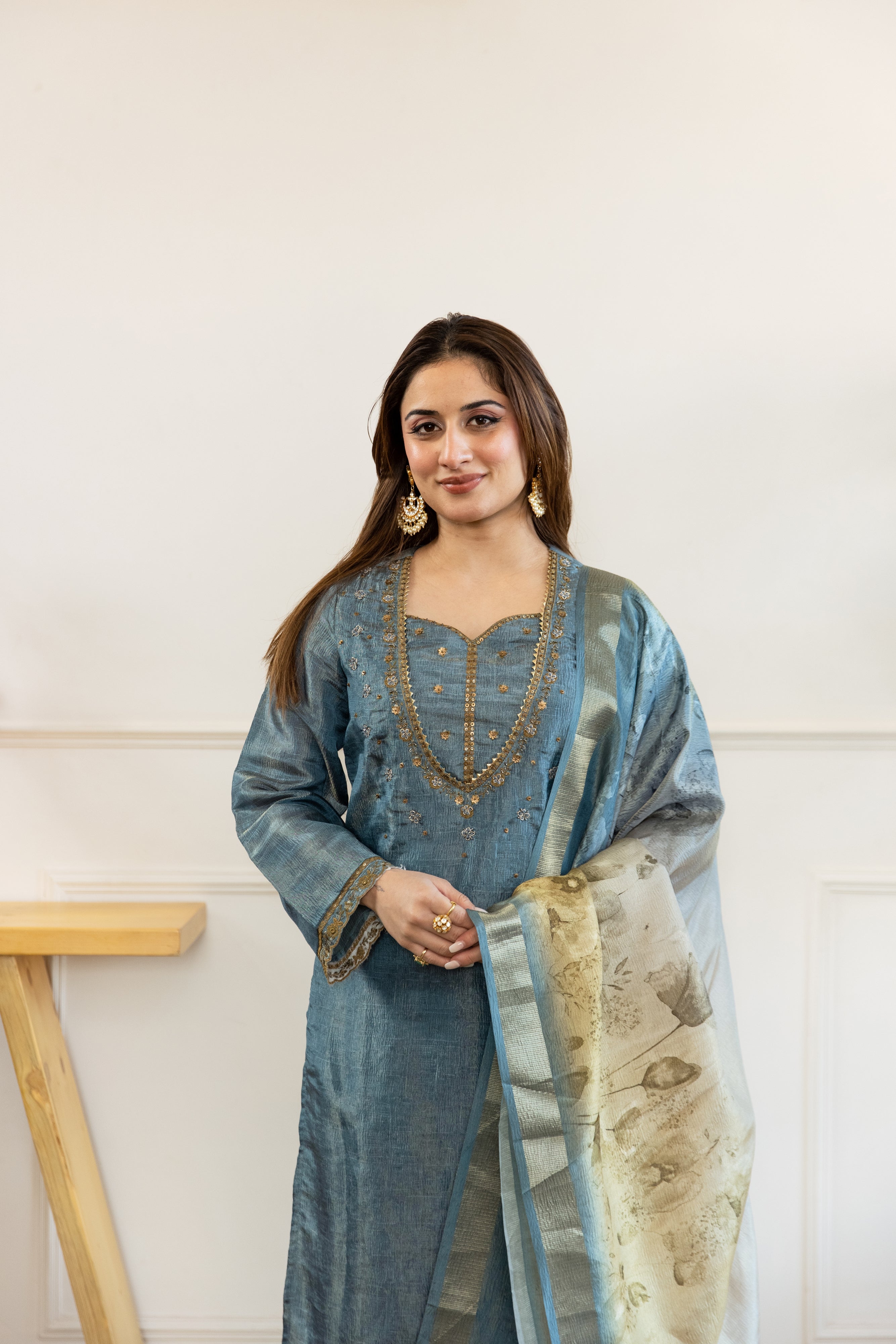 Teal Tissue Simmer Kurta Pant and Dupatta Set
