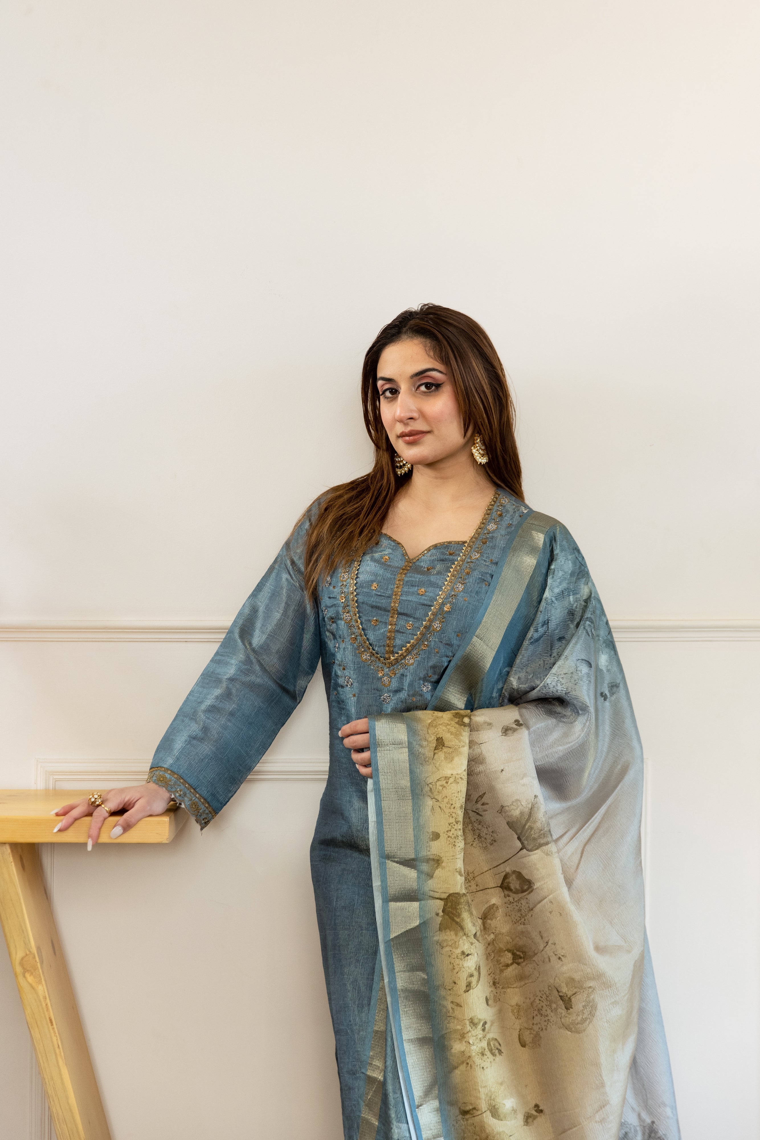 Teal Tissue Simmer Kurta Pant and Dupatta Set