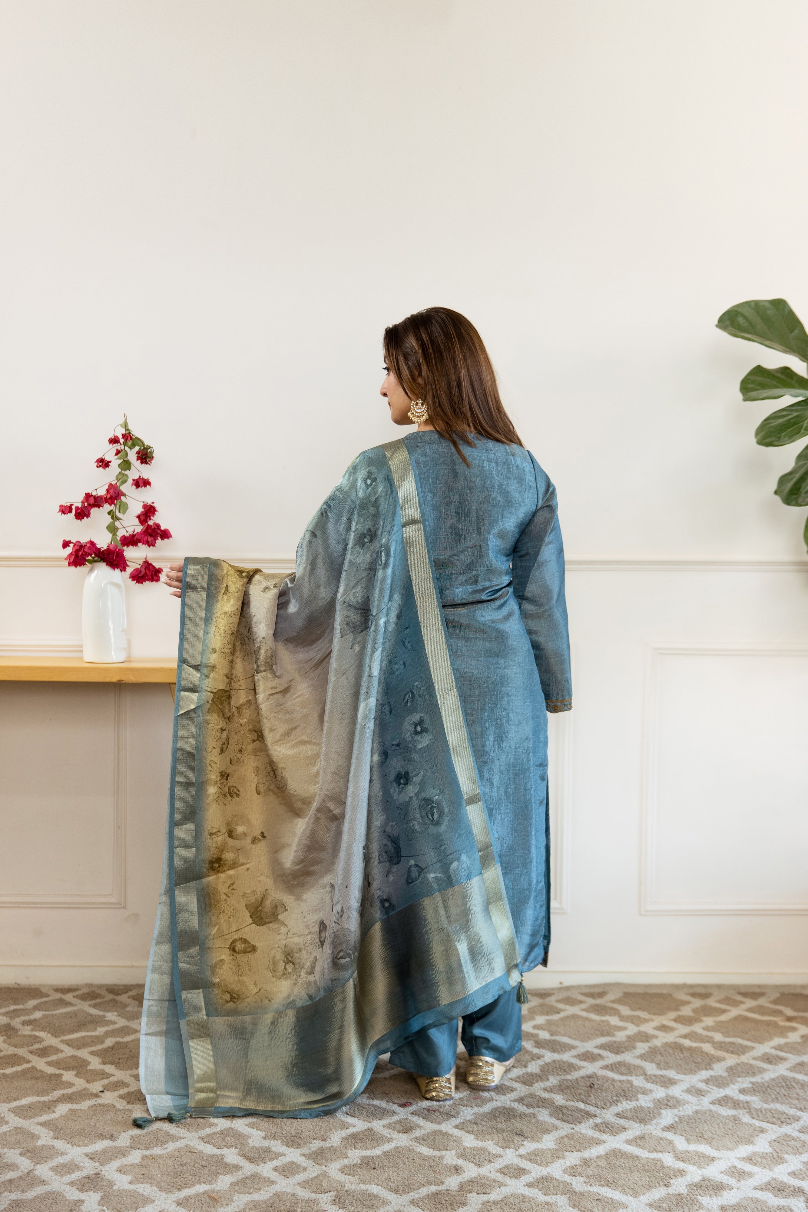 Teal Tissue Simmer Kurta Pant and Dupatta Set