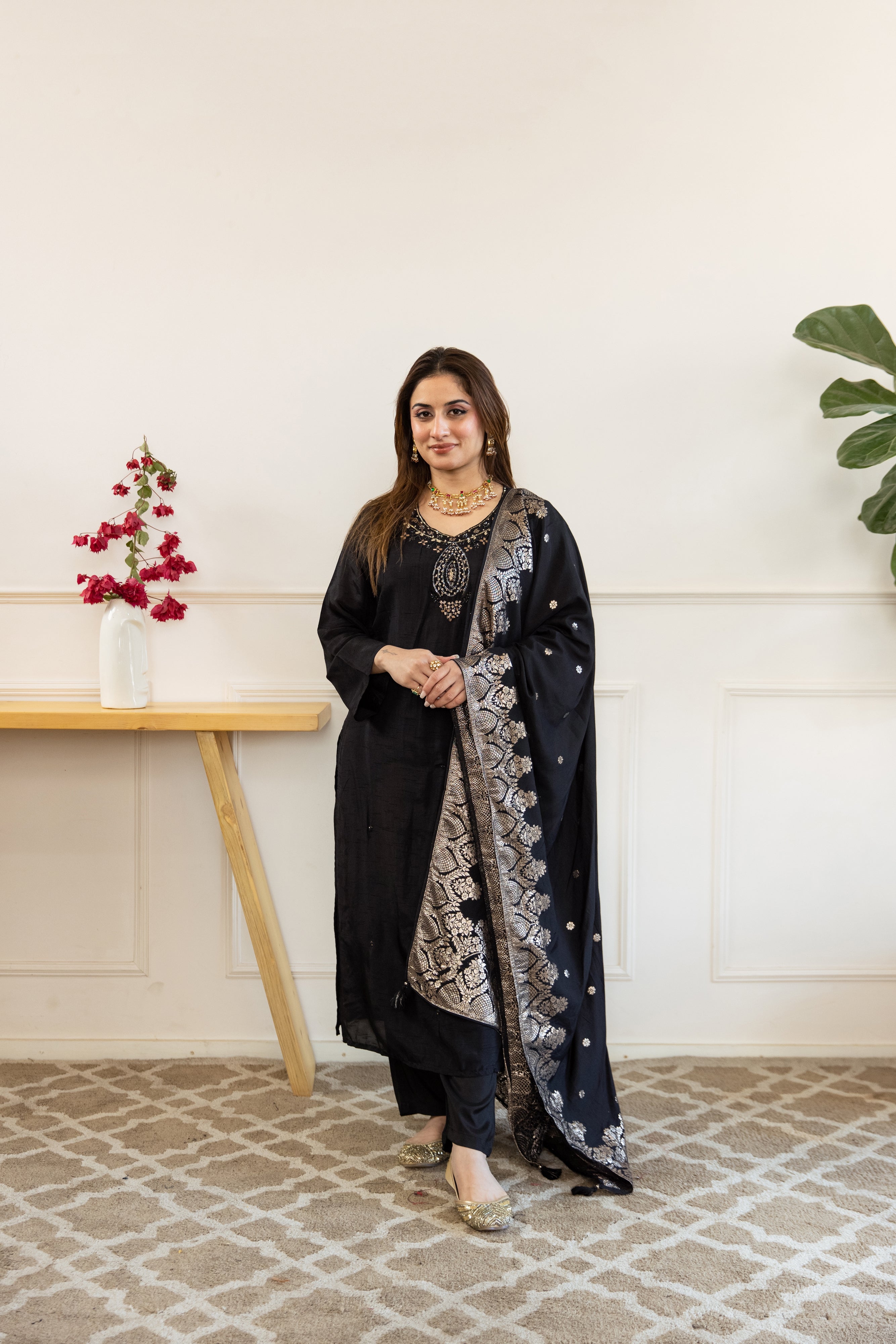 Black Dolla Silk Kurta Pant and Dupatta Set