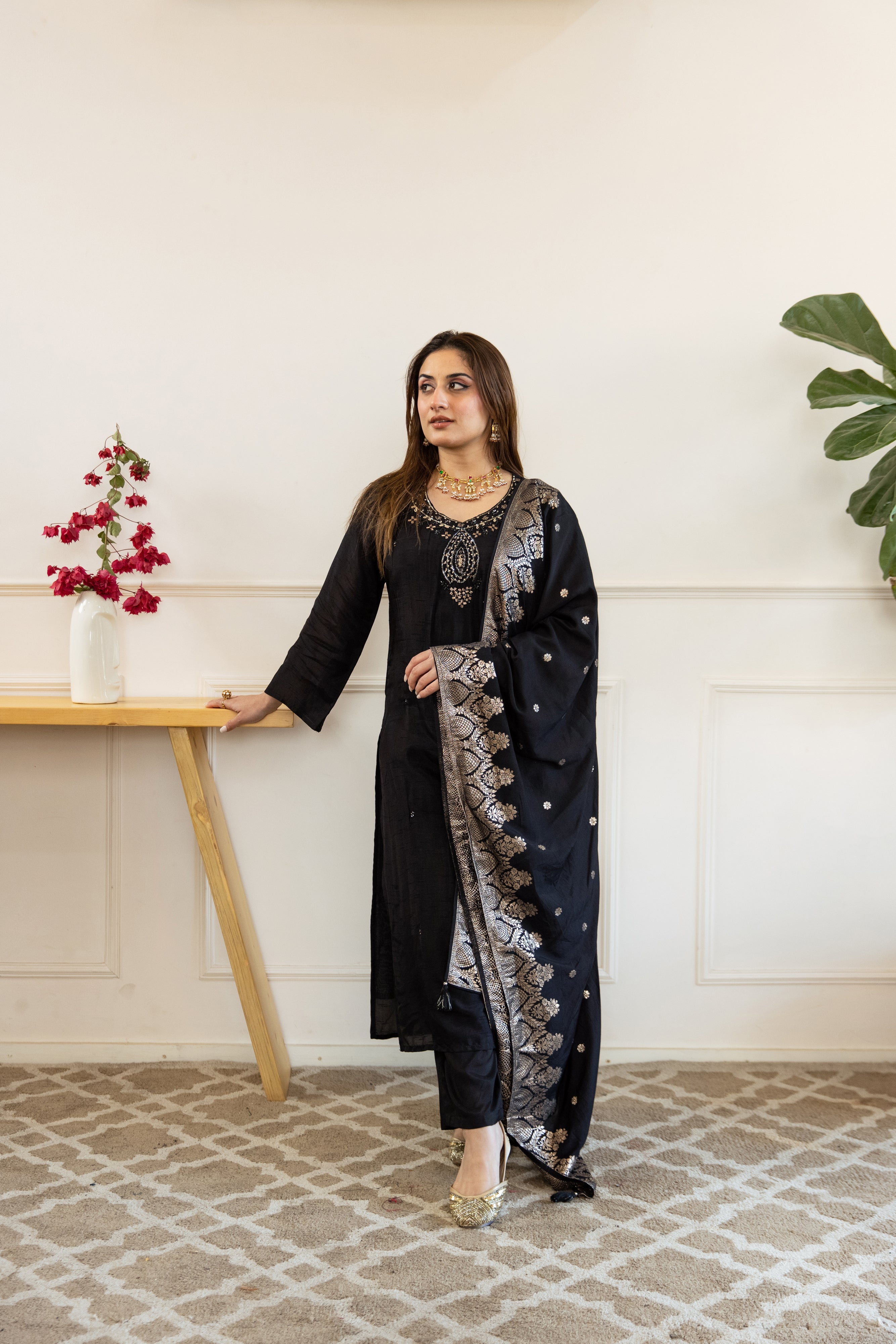 Black Dolla Silk Kurta Pant and Dupatta Set