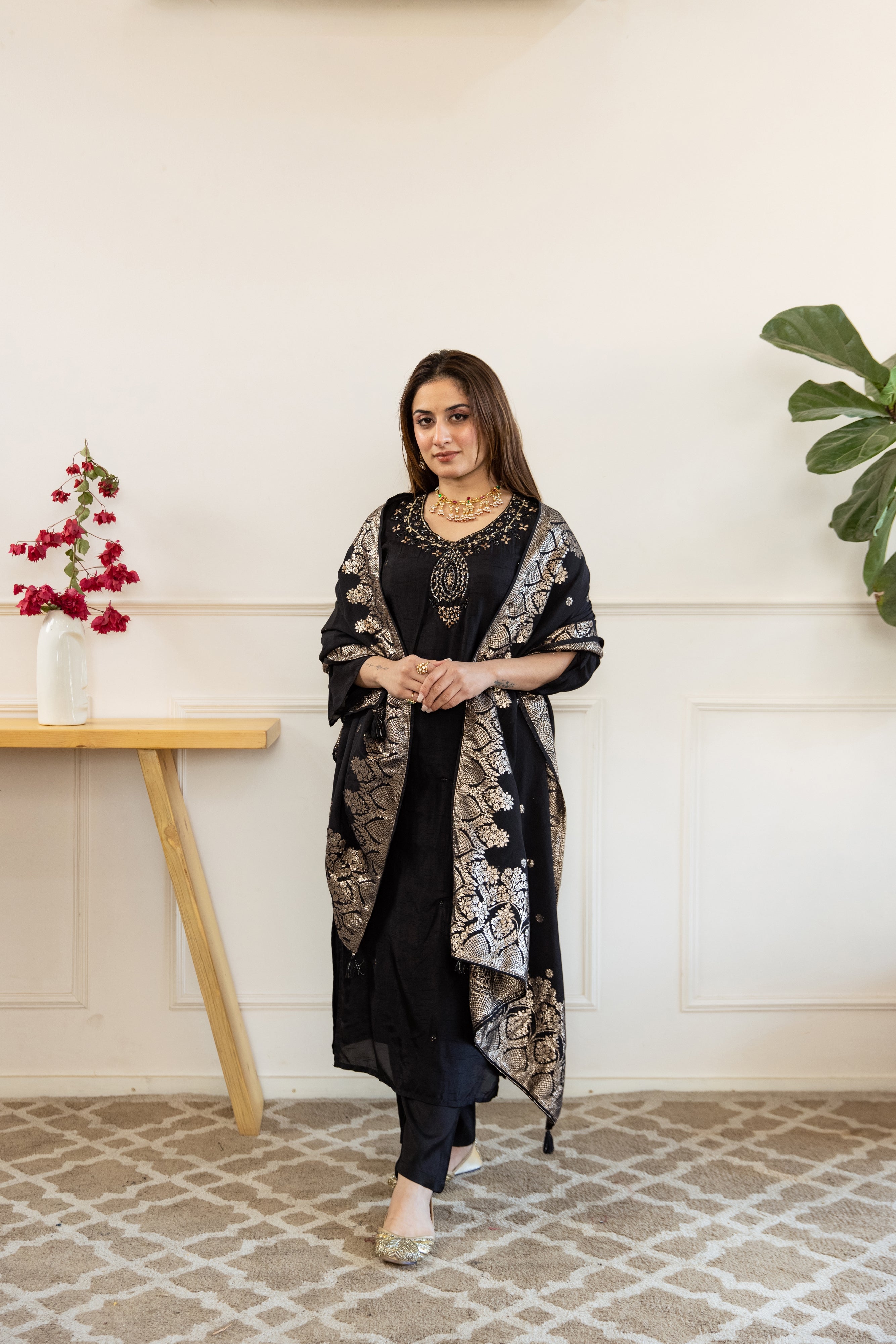 Black Dolla Silk Kurta Pant and Dupatta Set