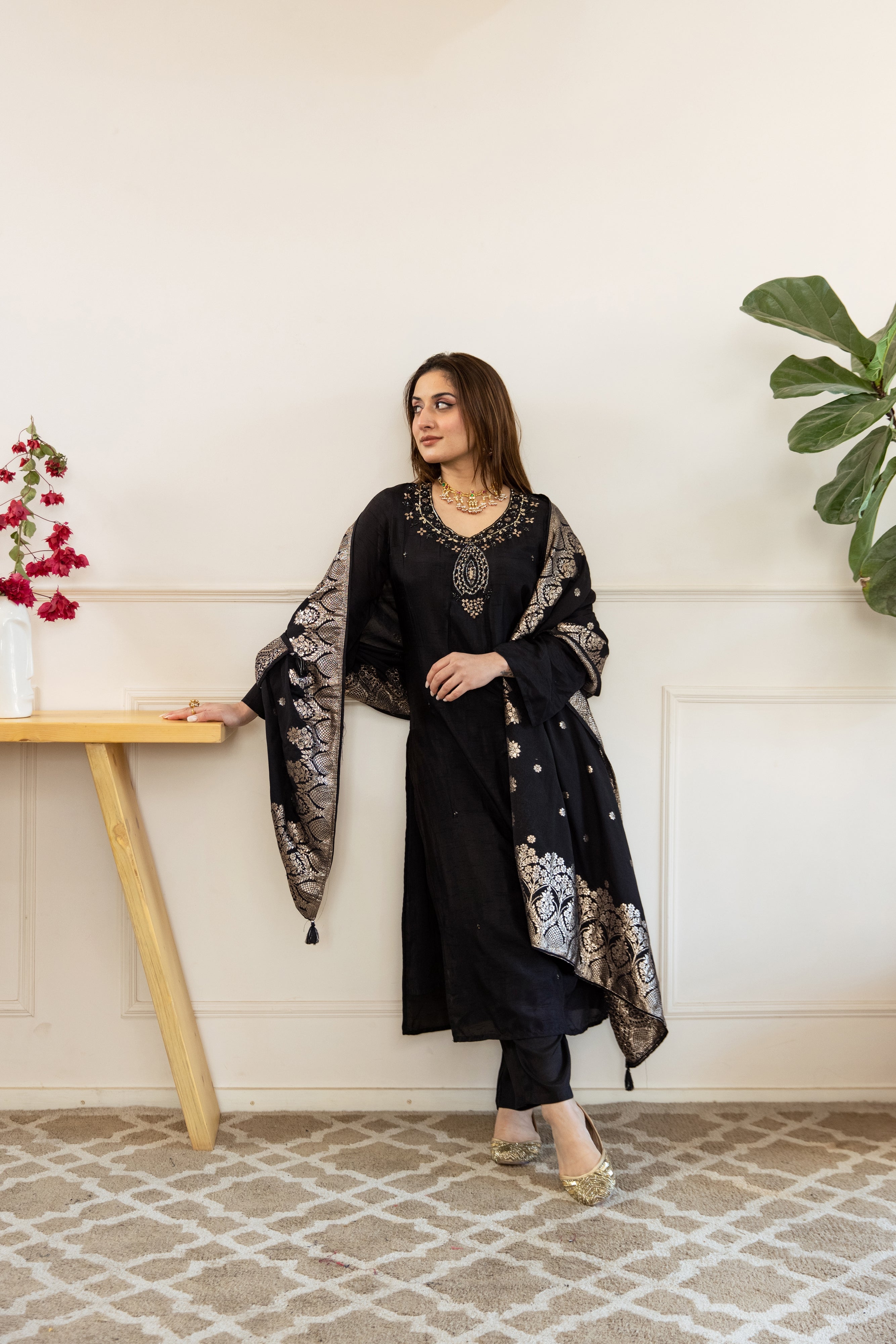 Black Dolla Silk Kurta Pant and Dupatta Set