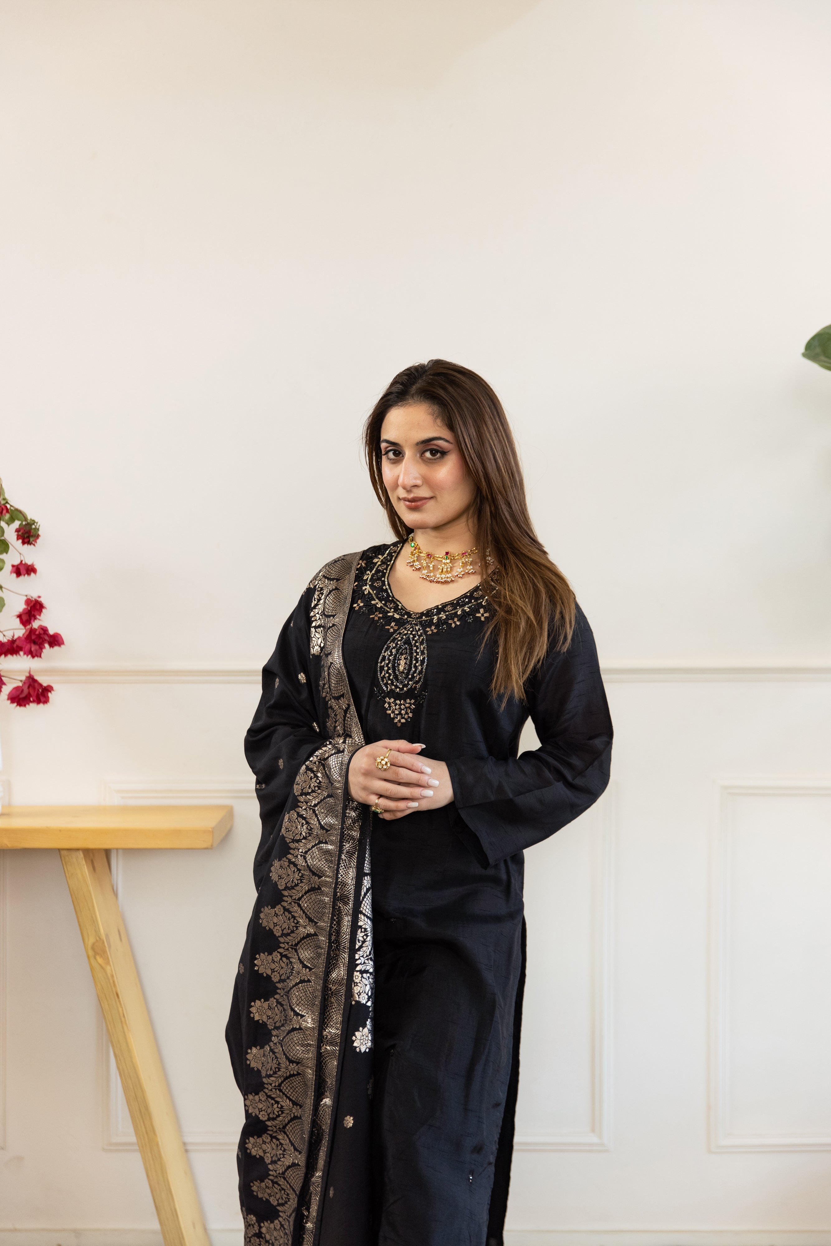 Black Dolla Silk Kurta Pant and Dupatta Set