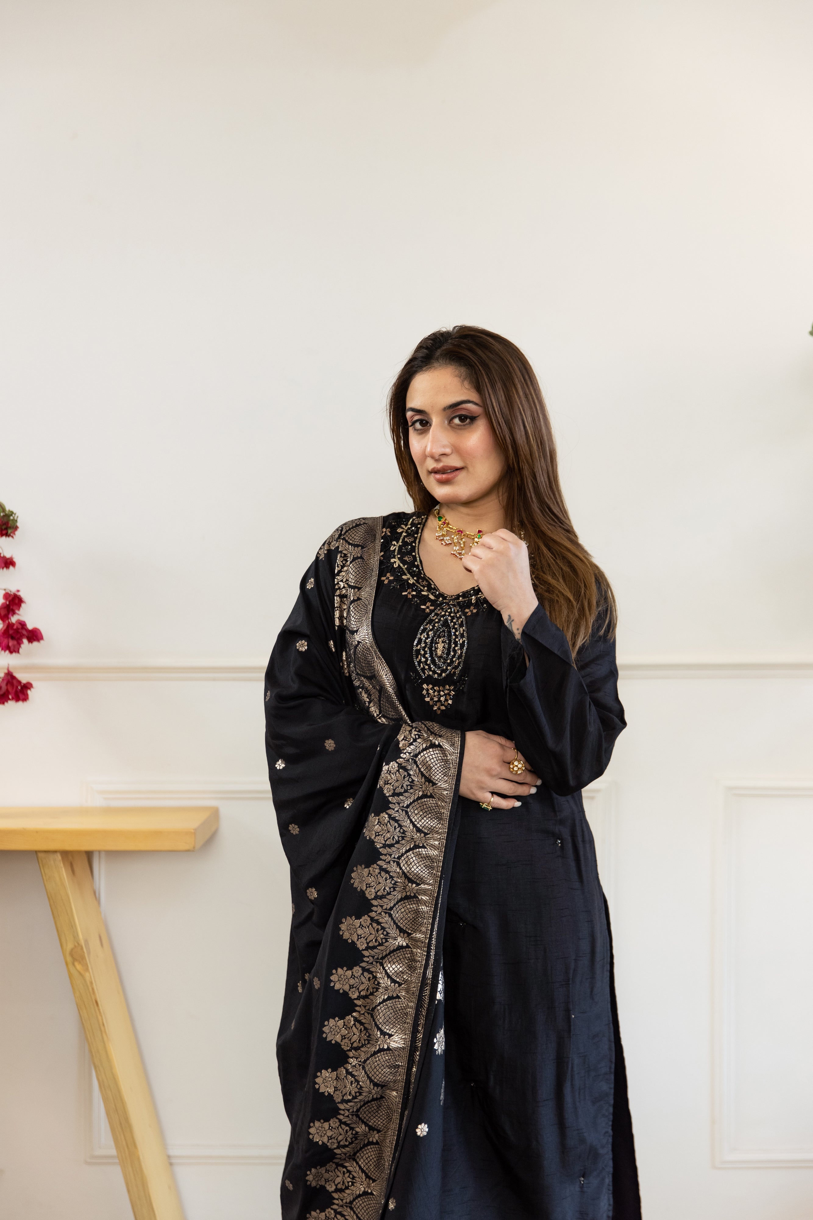 Black Dolla Silk Kurta Pant and Dupatta Set