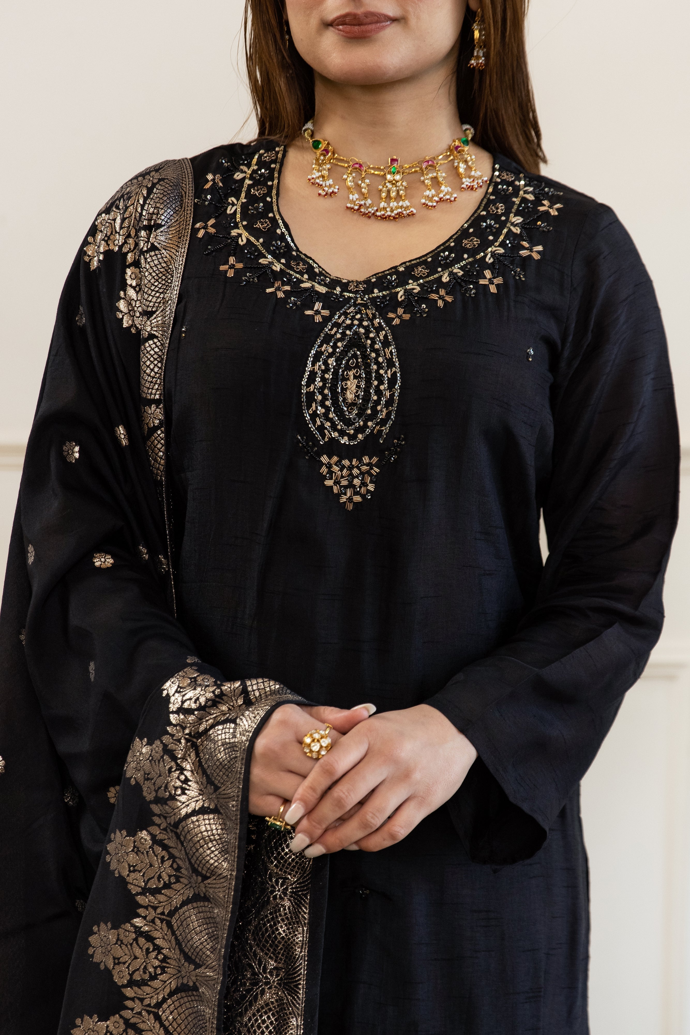 Black Dolla Silk Kurta Pant and Dupatta Set